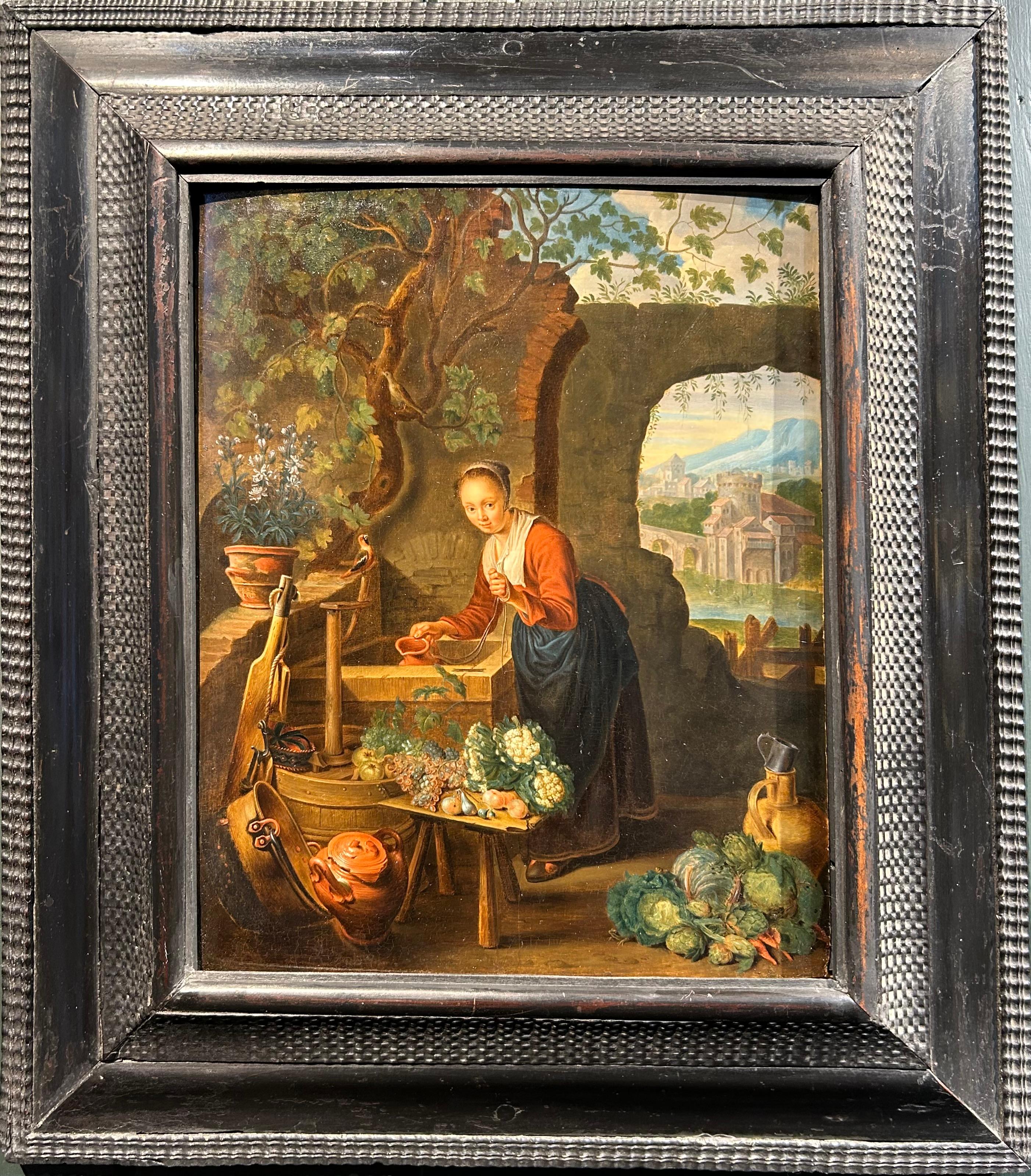 Gerrit Dou Figurative Painting - A Young Woman Drawing Water From A Well  Oil Oak Panel