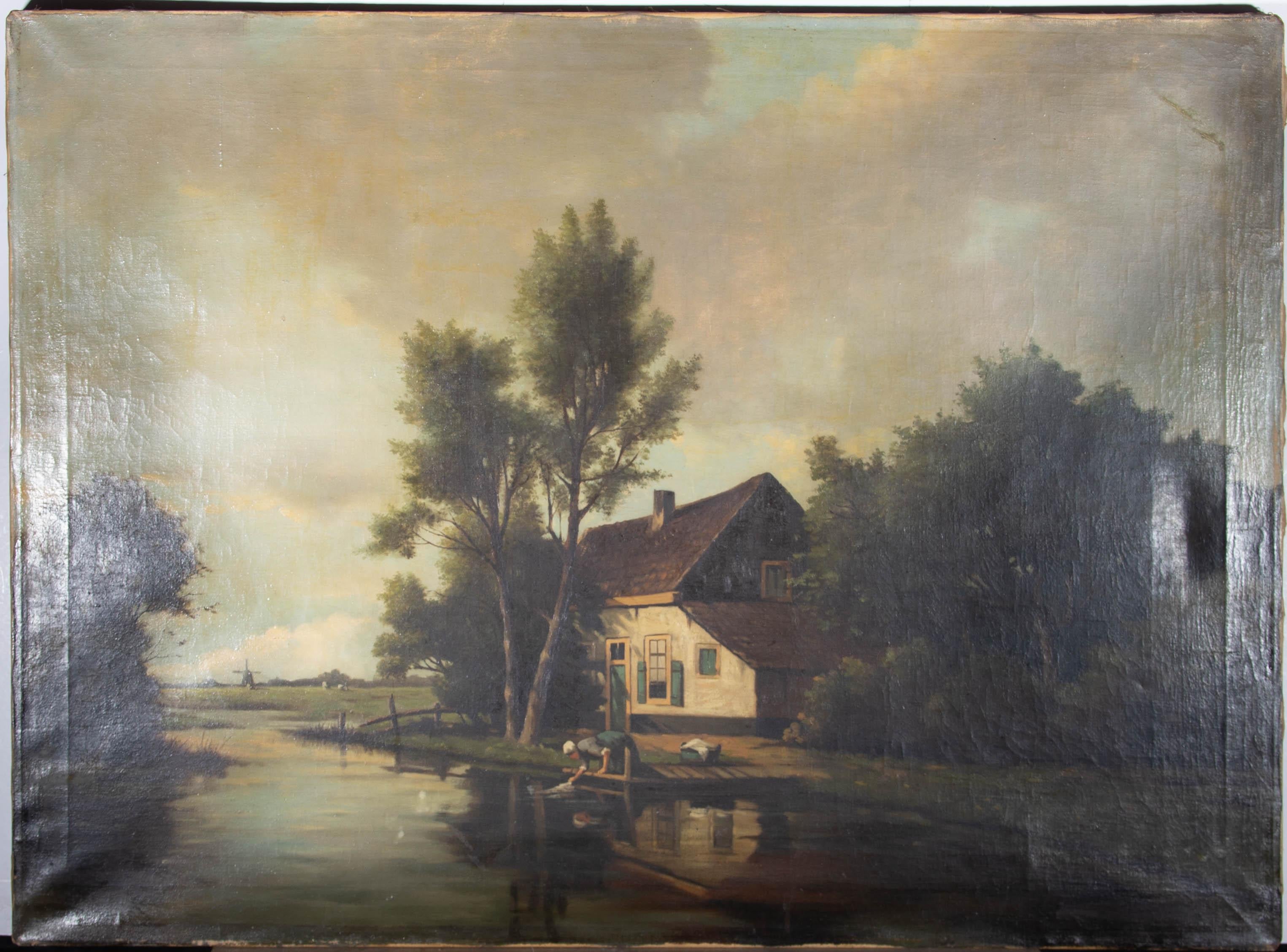 A charming and evocative oil painting by G.H. Tiddens, depicting a rural cottage scene with a figure washing clothes in the river, and a windmill in the distance. Signed to the lower right-hand corner. On canvas on stretchers.
