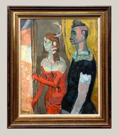 Una pintura figurativa moderna de mediados de siglo, grande y convincente: una amazona y un payaso