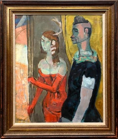 Una pintura figurativa moderna de mediados de siglo, grande y convincente: una amazona y un payaso