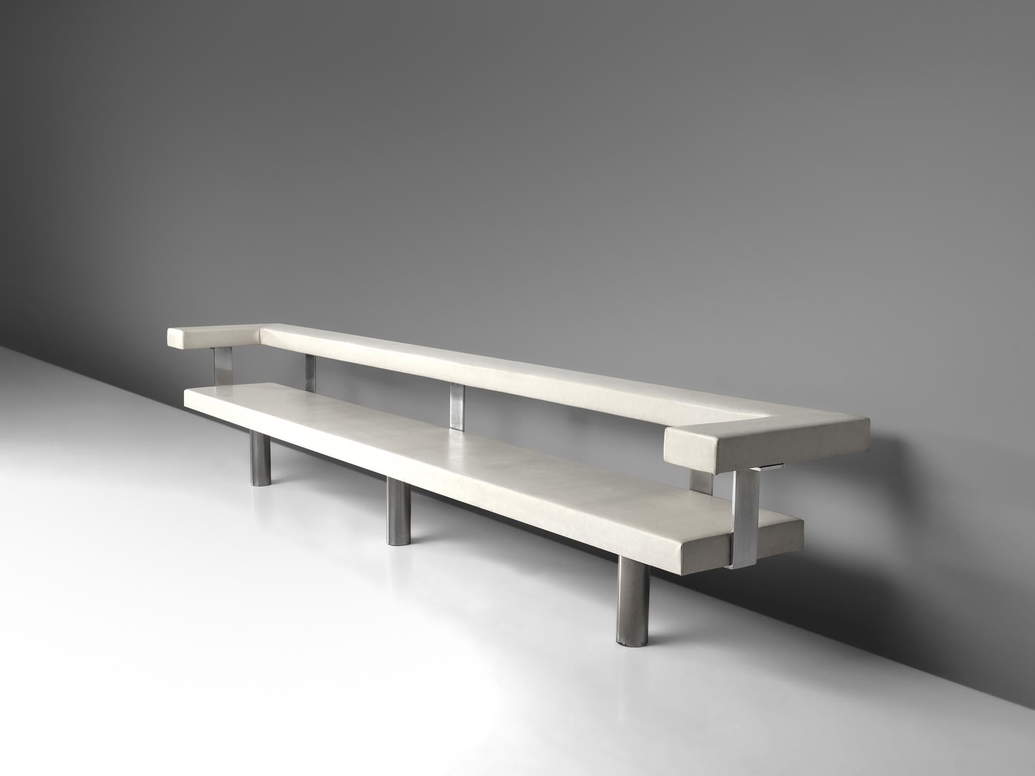 Gerrit Rietveld and interior designer J. Tricht, bench, white faux-leather and metal The Netherlands, 1965.

This bench was originally designed as a 'hall bench' for a local bank in Dedemsvaart, The Netherlands. J. Tricht was the interior decorator