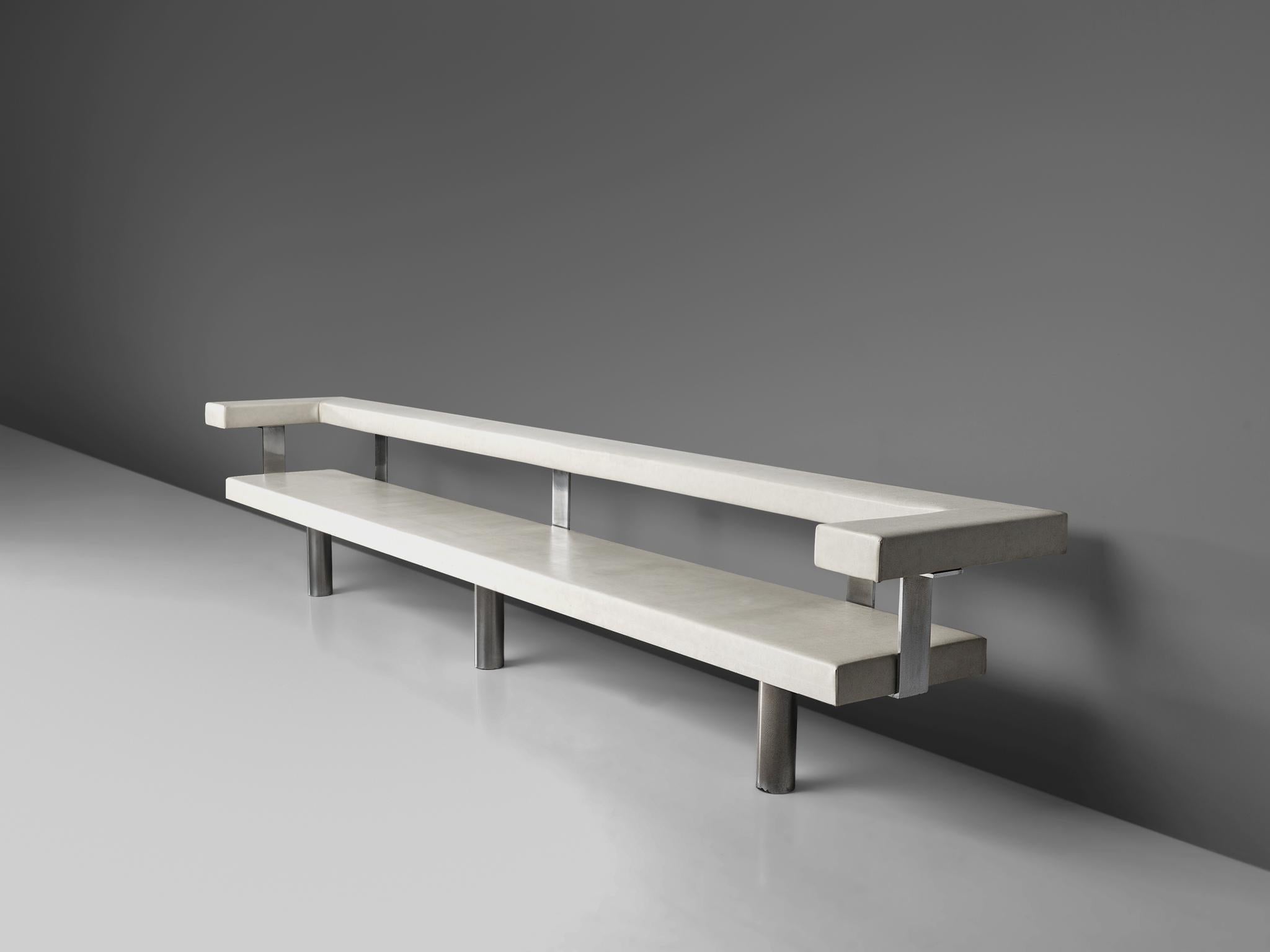 Gerrit Rietveld and interior designer J. Tricht, bench, faux-leather, metal, The Netherlands, 1965.

This bench was originally designed as a 'hall bench' for a local bank in Dedemsvaart, The Netherlands. J. Tricht was the interior decorator of this
