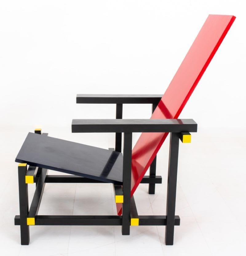 Gerrit Rietveld (Dutch, 1888-1964) De Stijl Red Blue Chair, originally designed in 1918 with red, blue, yellow, and black colors applied in 1923, this example produced later. 34.5