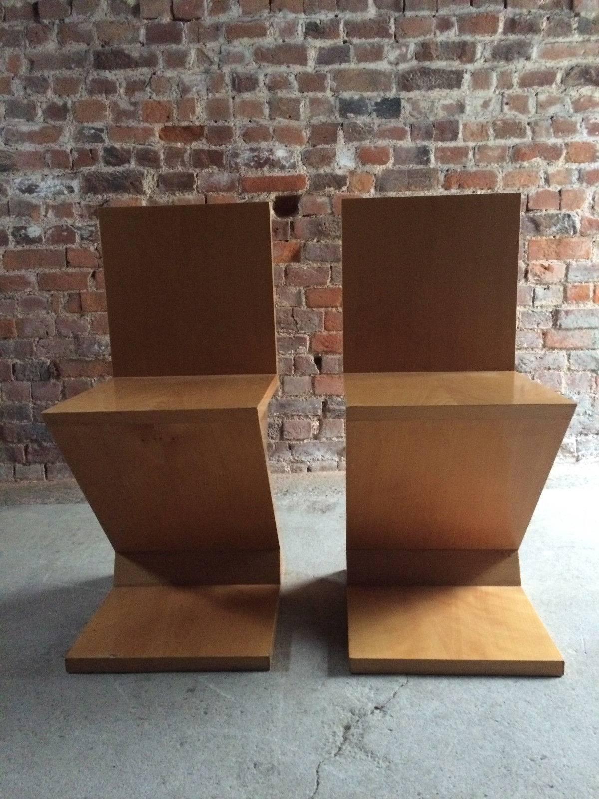 Pair of Gerrit Rietveld Design Zig Zag Chairs, Mid-Century Modern Birch 1