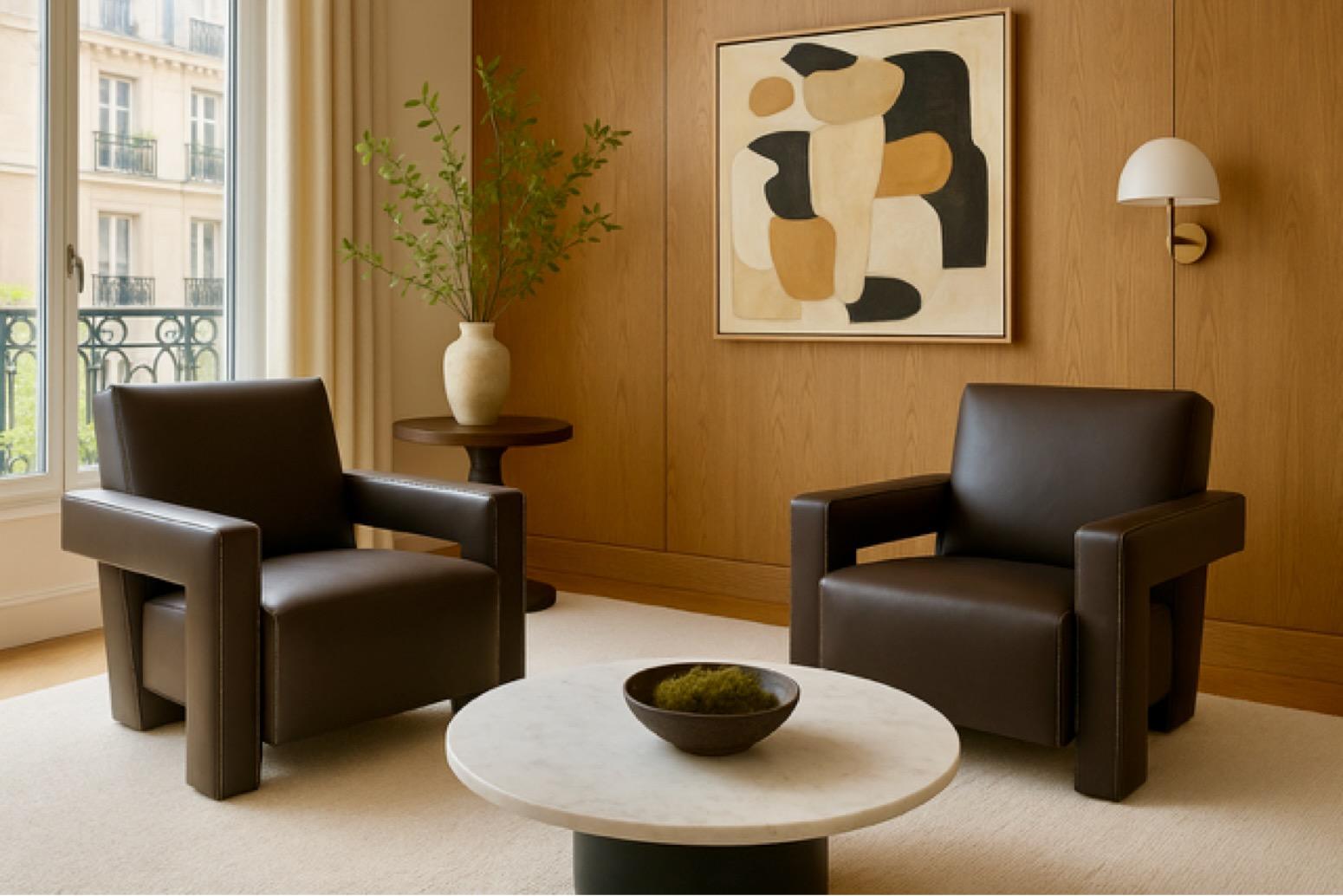 Gerrit Rietveld für Cassina - Zwei ikonische 'Utrecht'-Stühle aus Leder (Moderne der Mitte des Jahrhunderts) im Angebot