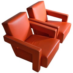 Gerrit Rietveld Leather Hermes Orange Utrecht Lounge Chairs