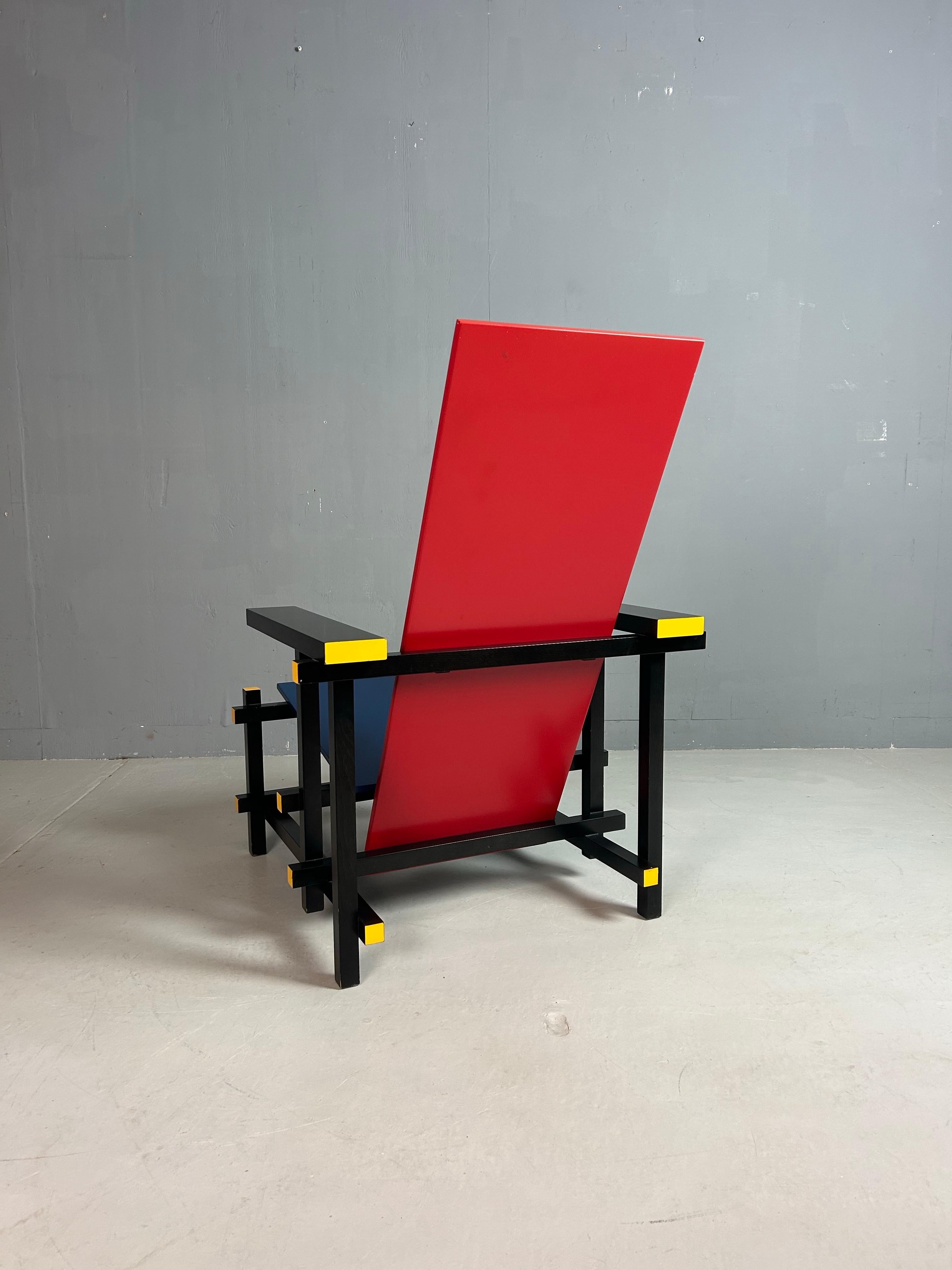 Beech Gerrit Rietveld Red and Blue Chair by Cassina For Sale