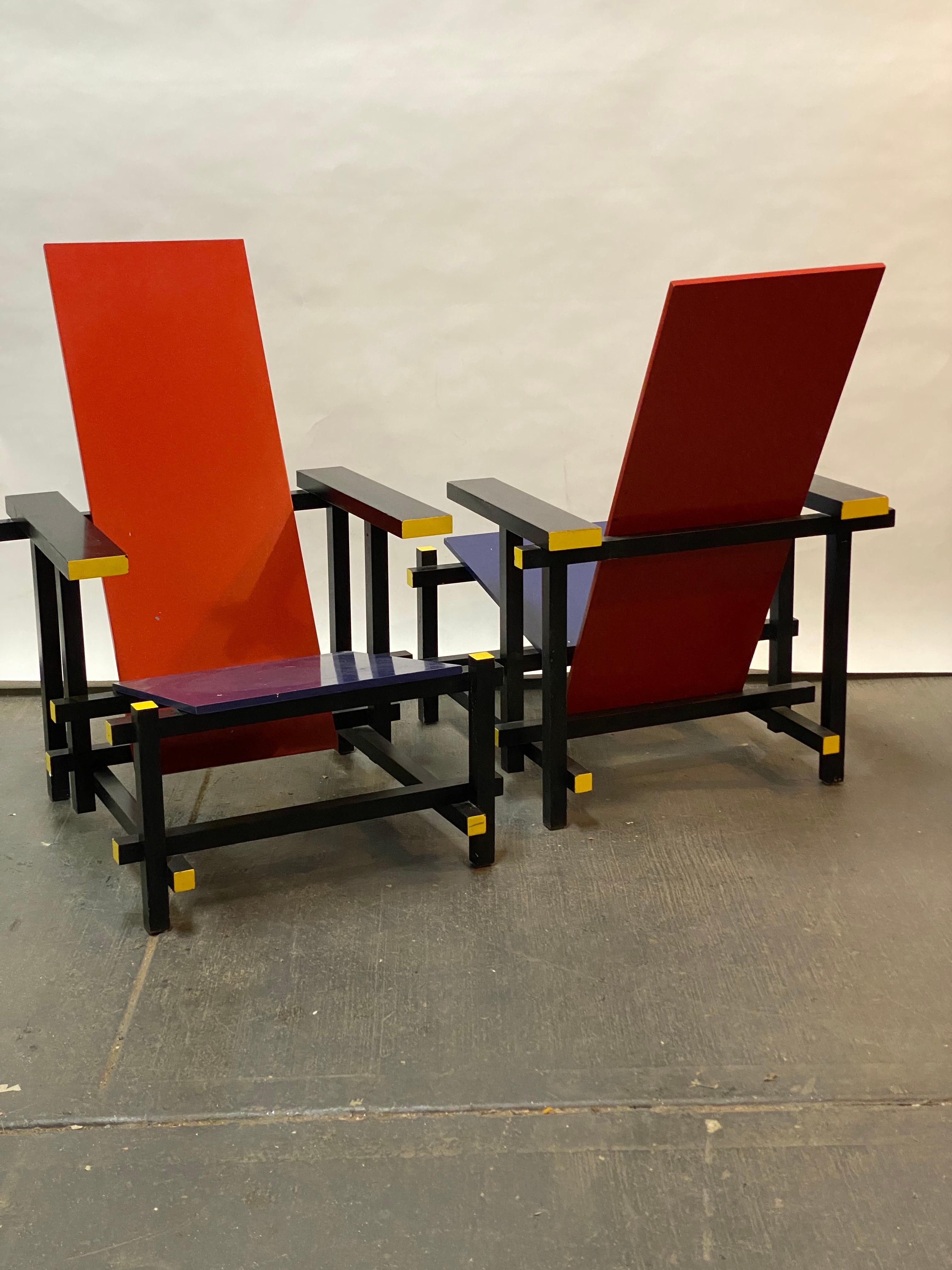 De Stijl Gerrit Rietveld Red and Blue Lounge Chairs, A Pair For Sale