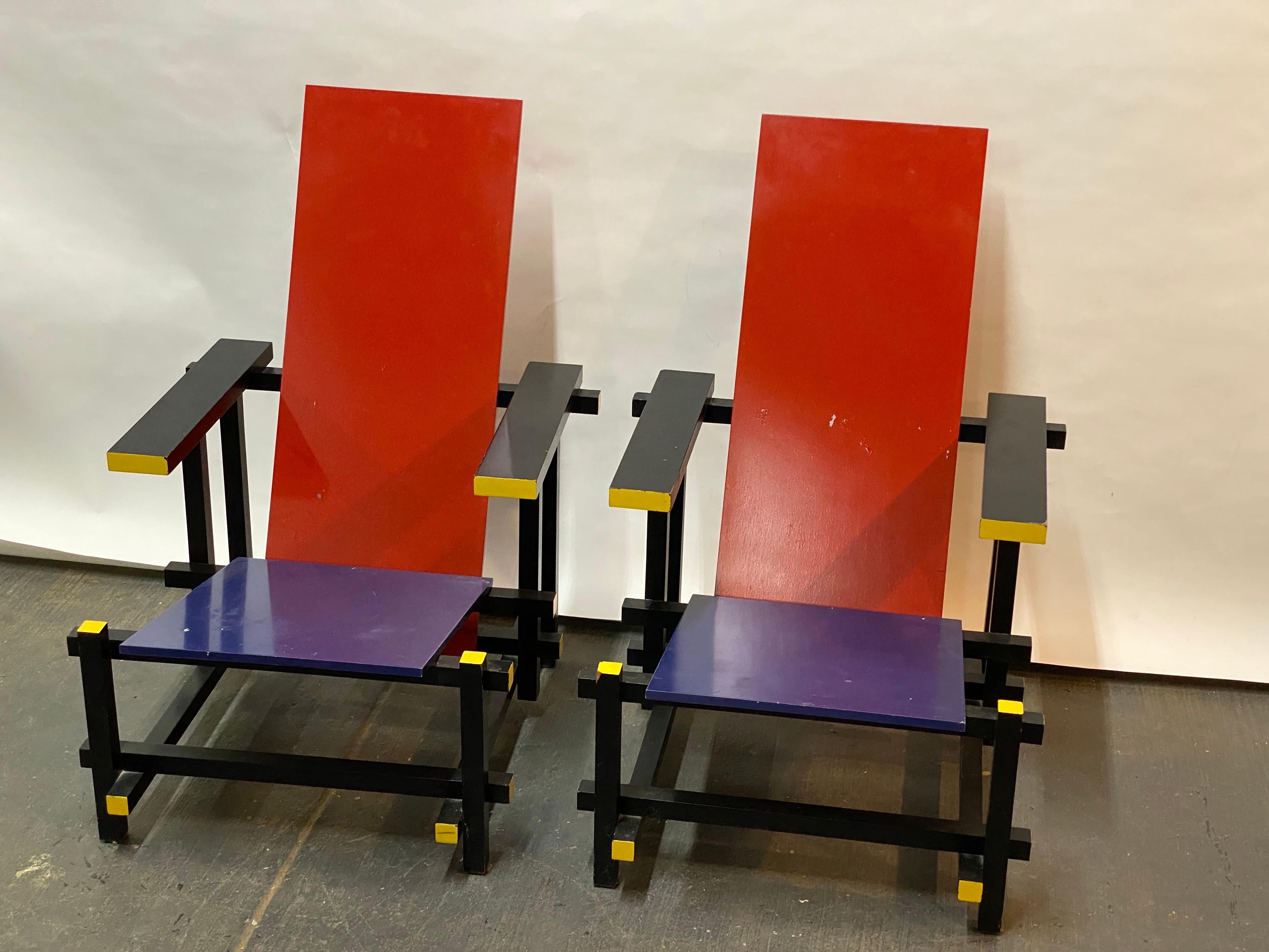 Unknown Gerrit Rietveld Red and Blue Lounge Chairs, A Pair For Sale