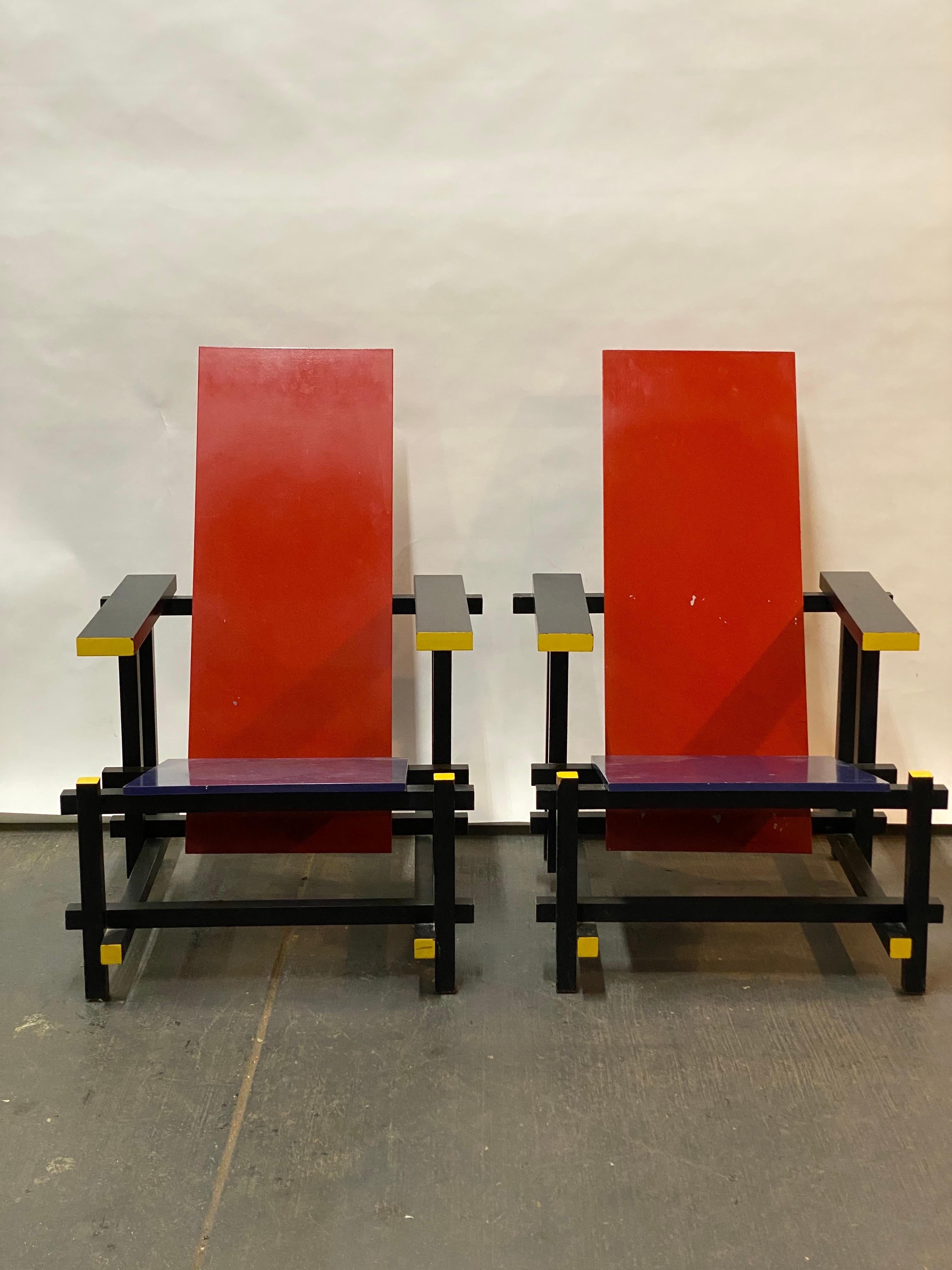 Hand-Crafted Gerrit Rietveld Red and Blue Lounge Chairs, A Pair For Sale