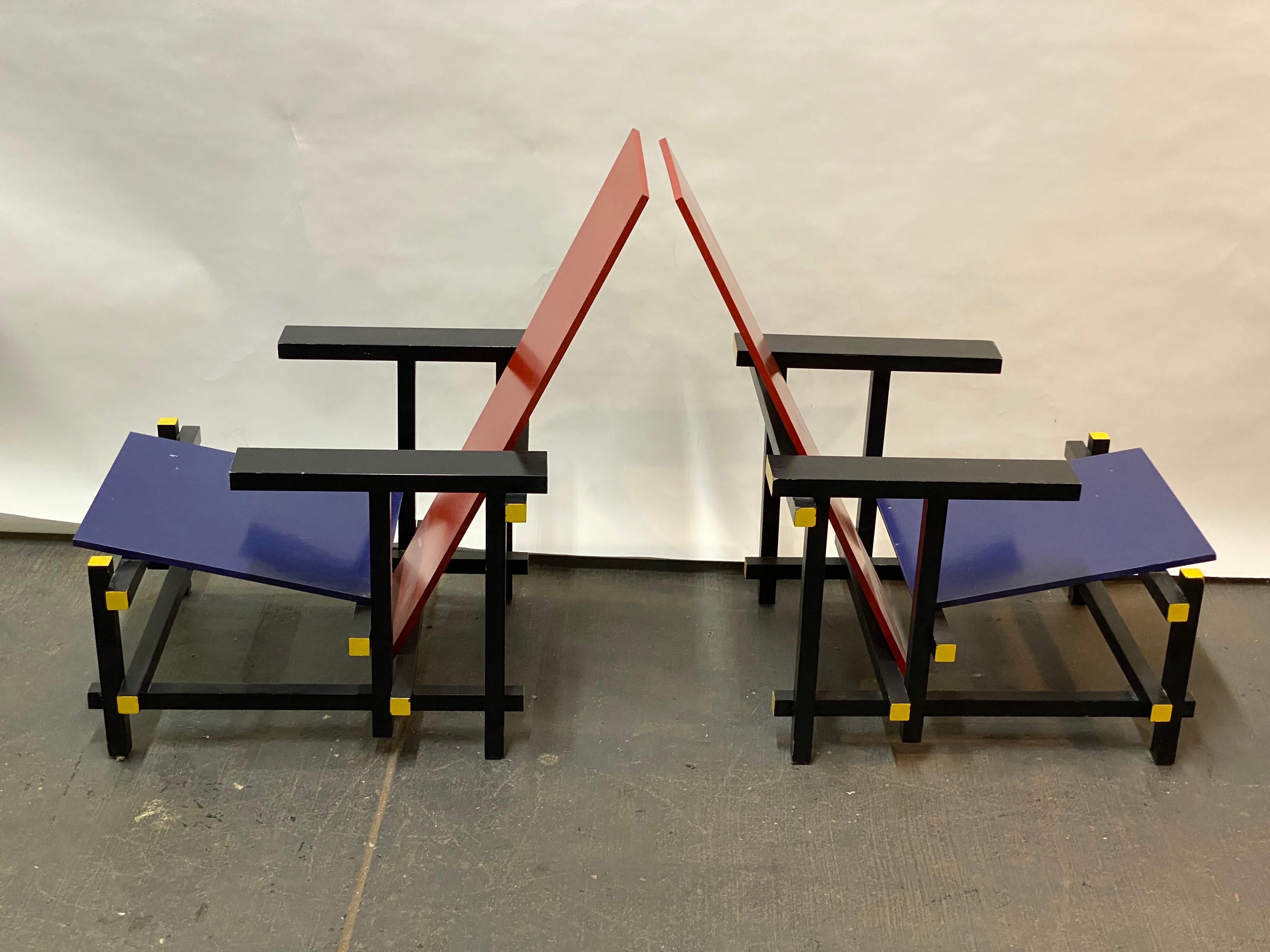 Wood Gerrit Rietveld Red and Blue Lounge Chairs, A Pair For Sale