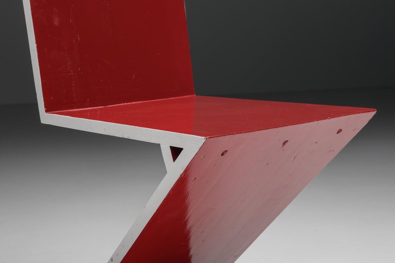 Gerrit Rietveld Red Laquer Zig Zag Chairs for Cassina, Dutch Design Classics For Sale 4