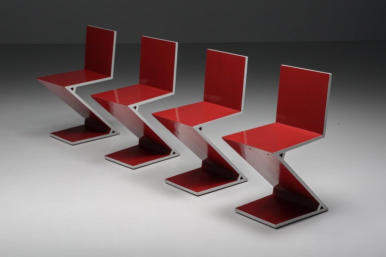 Contemporary Gerrit Rietveld Red Laquer Zig Zag Chairs for Cassina, Dutch Design Classics For Sale