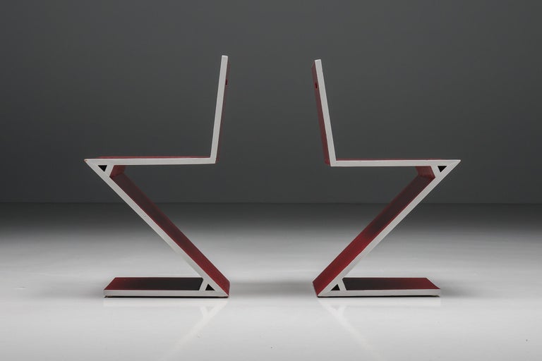 Wood Gerrit Rietveld Red Laquer Zig Zag Chairs for Cassina, Dutch Design Classics For Sale