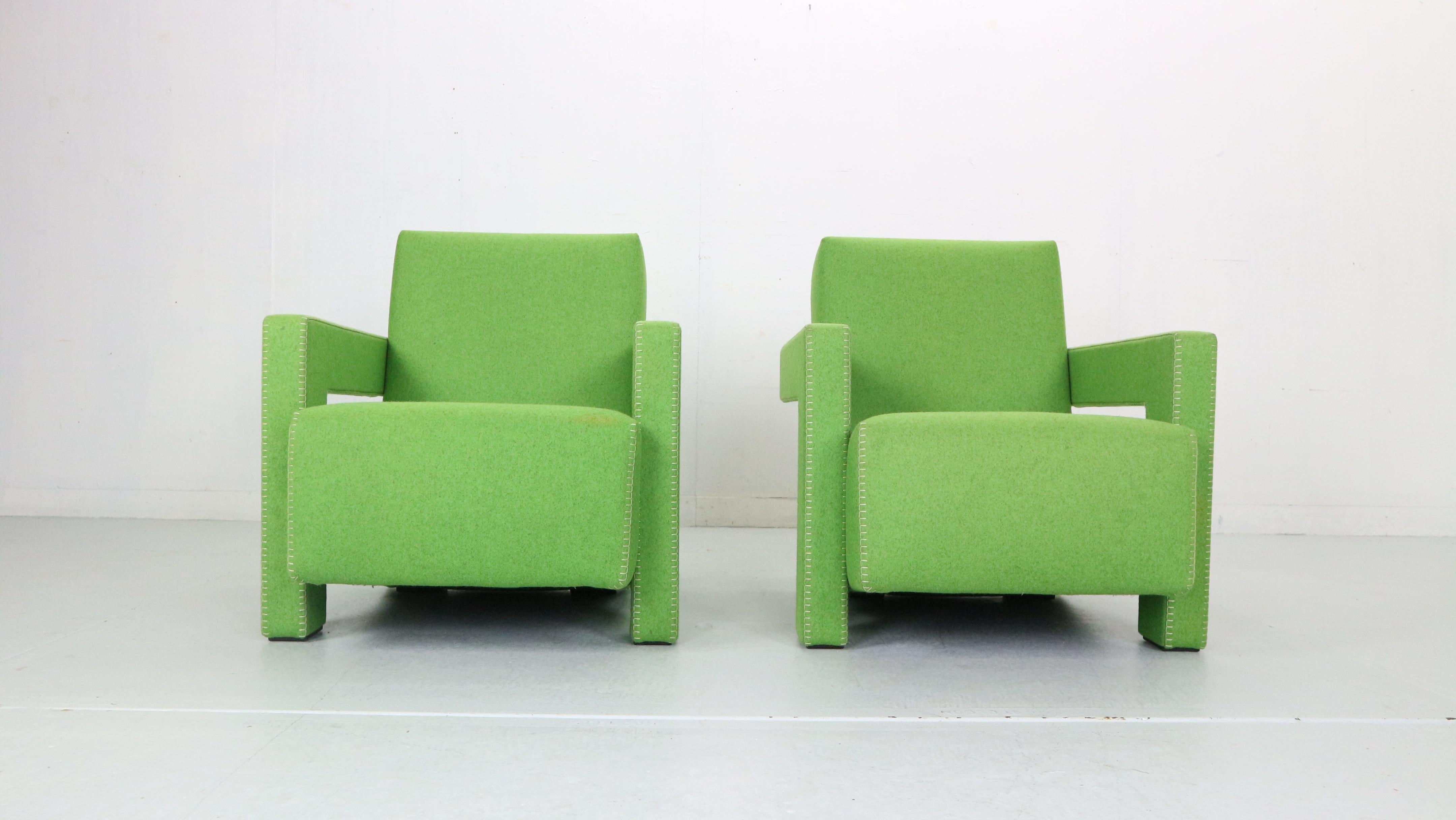 Set of two Utrecht chairs designed by Dutch architect and furniture designer Gerrit Thomas Rietveld in 1935. Italian manufacture Cassina in 1988, on the occasion of the 100th anniversary of his birth, re-issued the design.
Both chairs marked with