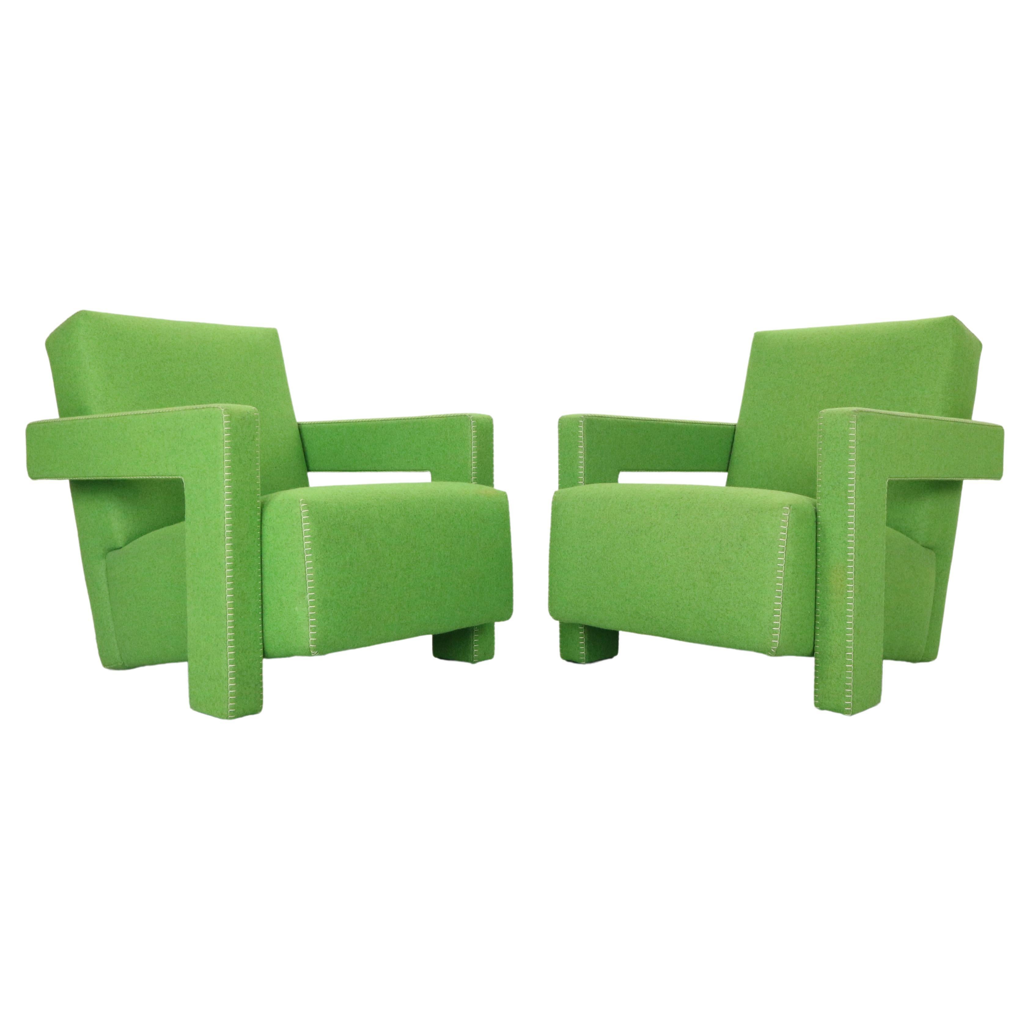 Gerrit Rietveld Set of 2 Green "Utrecht" Lounge Chairs for Cassina, 1980's Italy