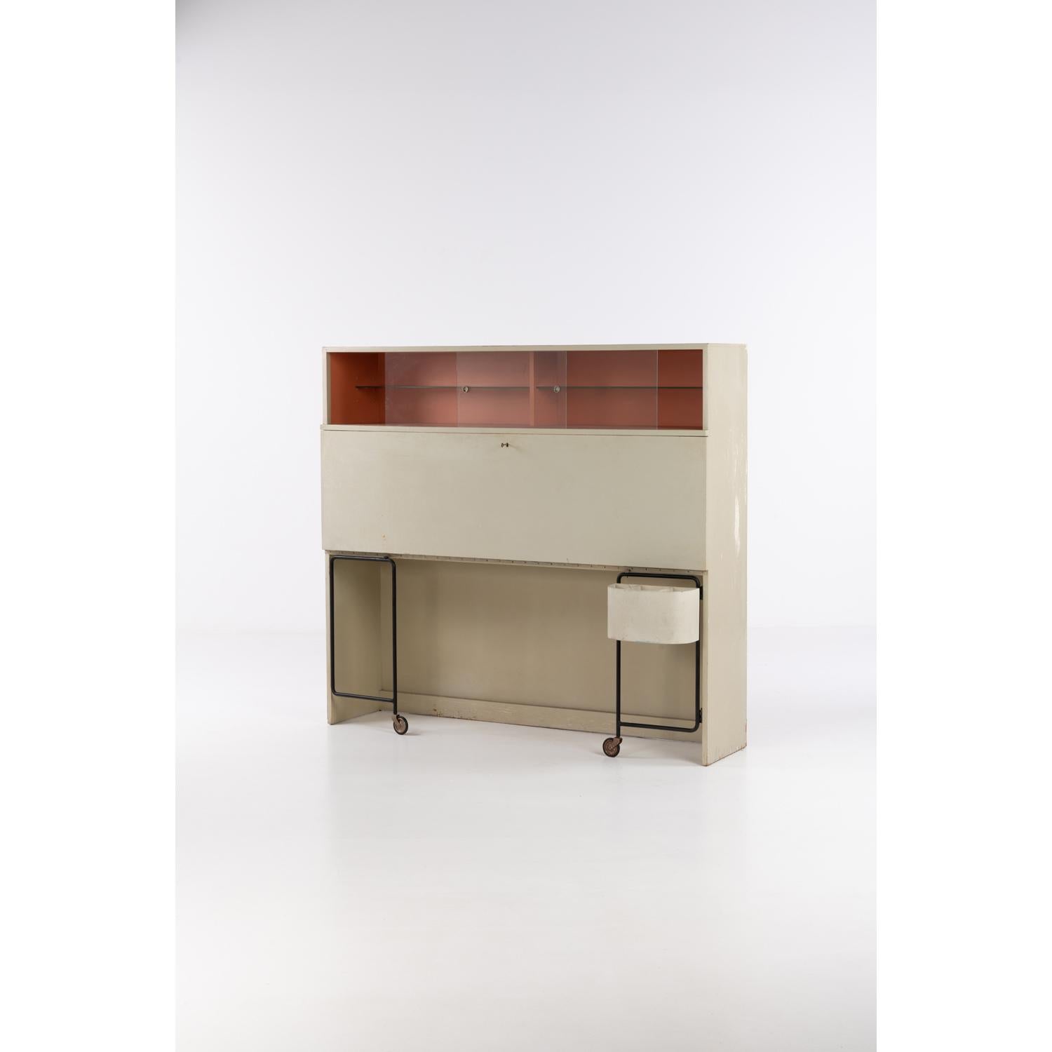 Gerrit Rietveld (1888–1964)
Vitrine Secretary Cabinet – Unique Piece
Lacquered metal, glass, and lacquered wood
Executed by Gerard A. van de Groenekan
Design circa 1940

This exceptional vitrine secrétaire is a unique piece by Dutch architect and
