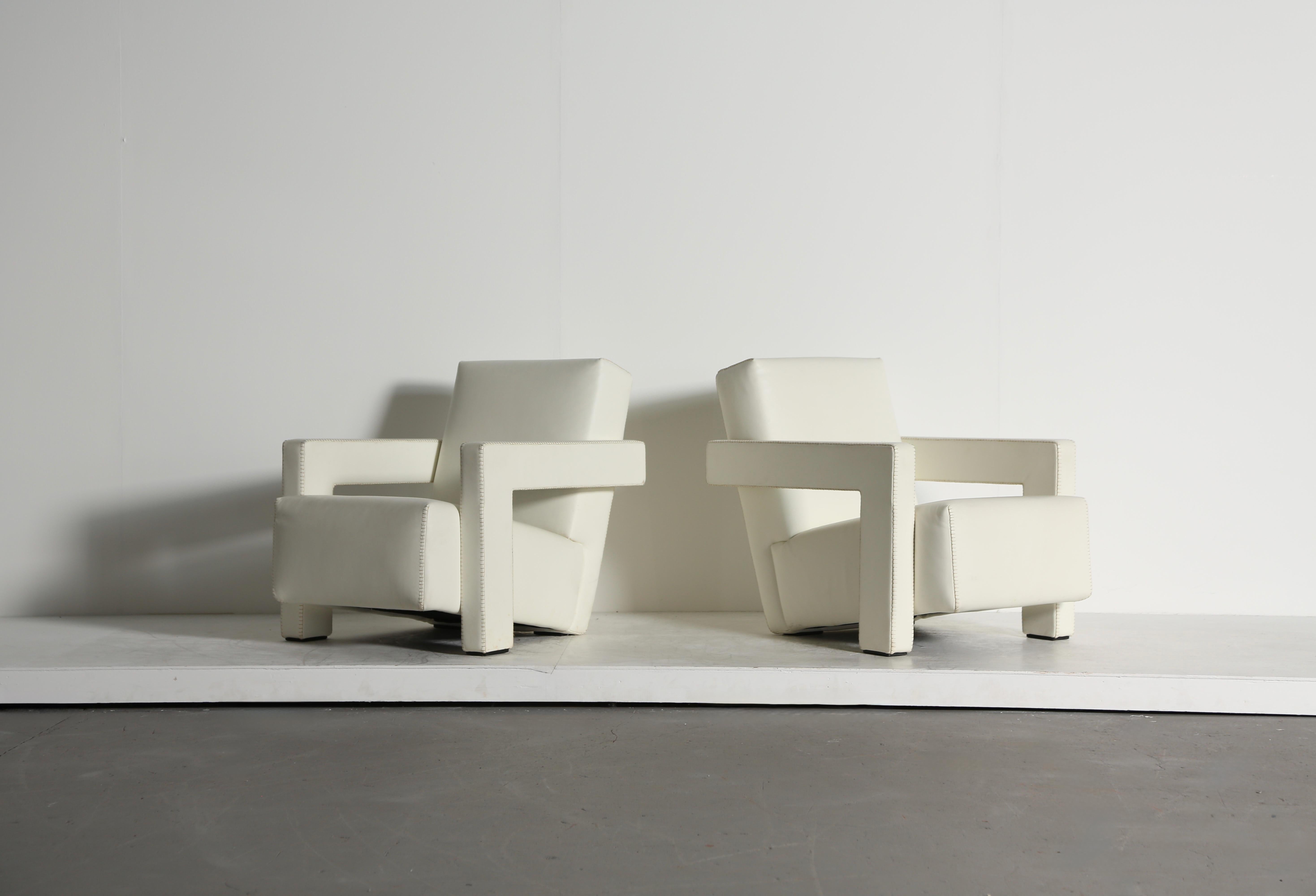 A pair of Gerrit Rietveld Utrecht armchairs, produced by Cassina, upholstered in their original leather. Cassina labels to the underneath. Minor marks and signs of use and age.  Priced and sold as a pair together.   Fast shipping worldwide.






