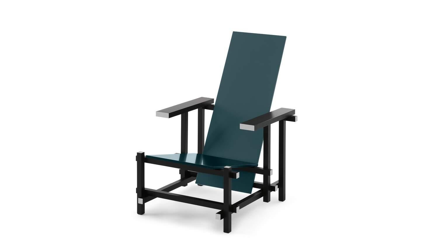 Mid-Century Modern Gerrit Rietveld version Zeilmaker de la chaise noire, rouge et bleue par Cassina en vente
