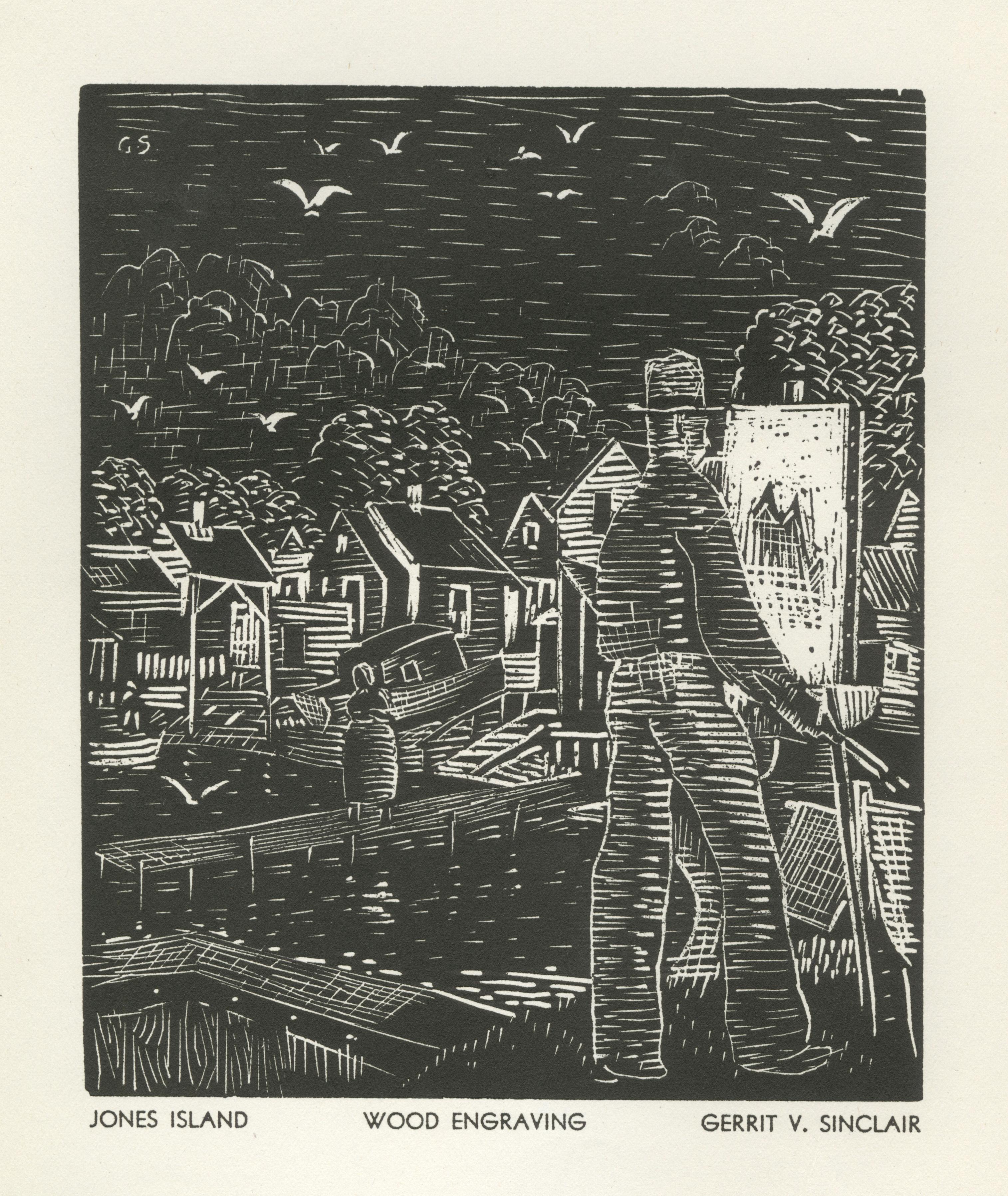 « Joans Island », gravure sur bois originale de Gerrit Sinclair - Print de Gerrit  Van Sinclair