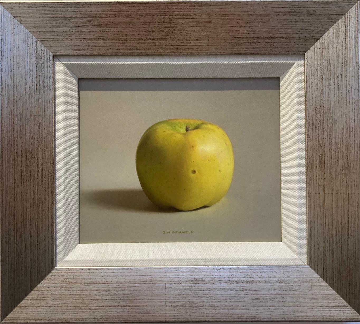 Gerrit Wijngaarden Still-Life Painting – Gelbes Appel-Stillleben mit gelbem Apfel, Ölgemälde auf Tafel, auf Lager 