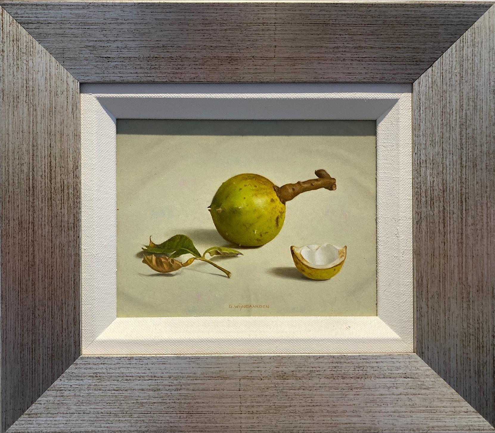 Gerrit Wijngaarden Figurative Painting - Kastanjes in Bolster met Blad Chestnut Still Life Oil Painting Panel In Stock