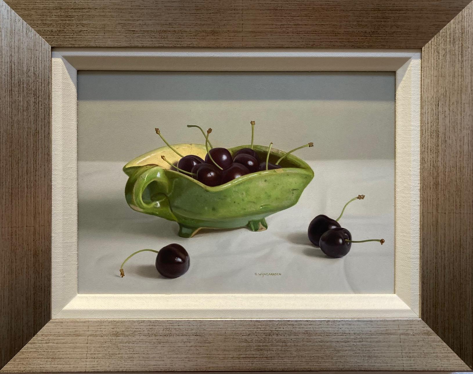 Kersen in Groene Test Cherries in Green Bowl Oil Painting on Panel In Stock