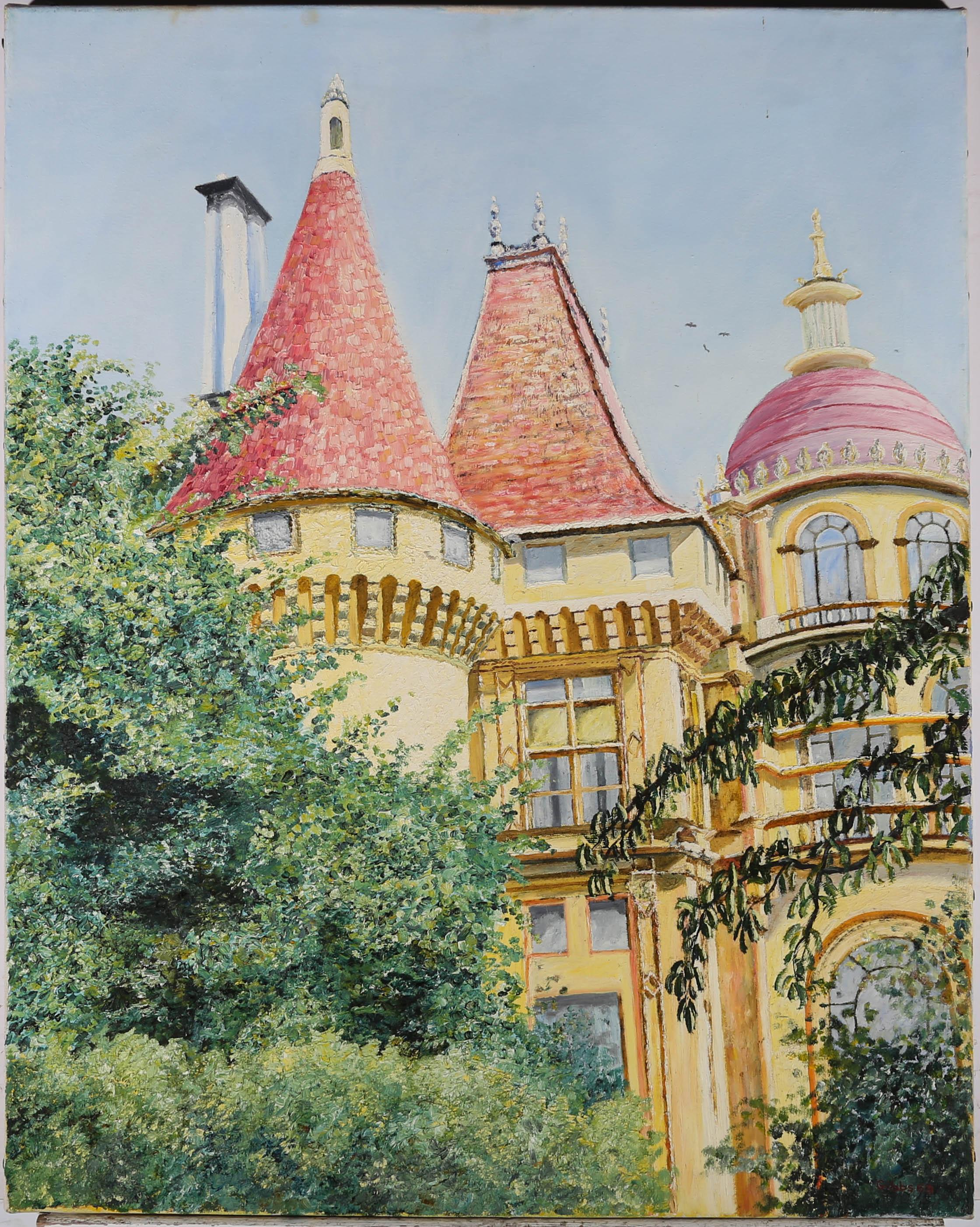 Gerry B. Gibbs - 1963 Öl, Gelbe Chateaux, gelbes Ölgemälde im Angebot 1