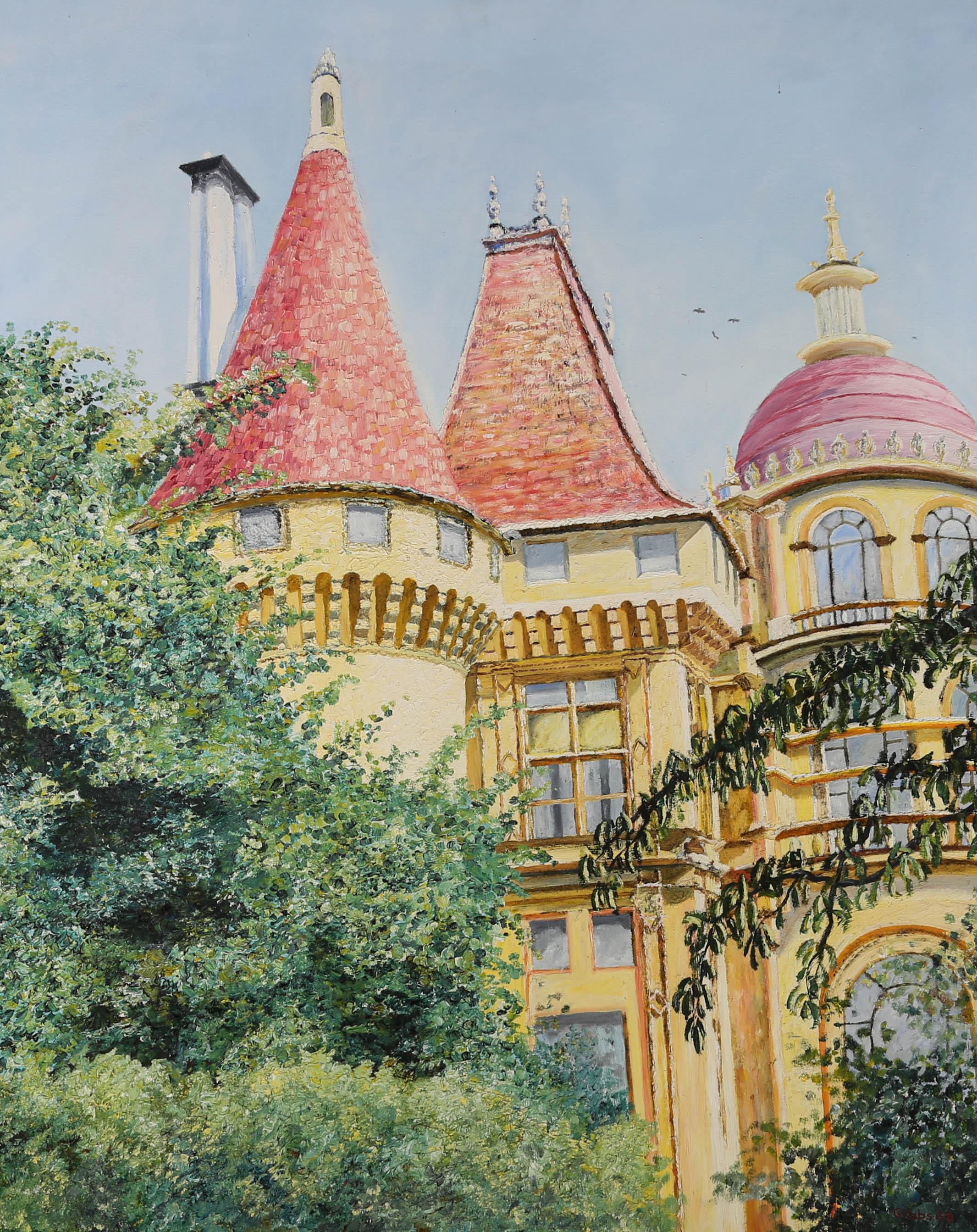 Ein schönes zeitgenössisches Öl, das ein leuchtend gelbes Schloss mit rosa Kuppeldach und üppigem Grün im Vordergrund zeigt. Der Künstler hat in der rechten unteren Ecke signiert und datiert. Auf Leinwand.