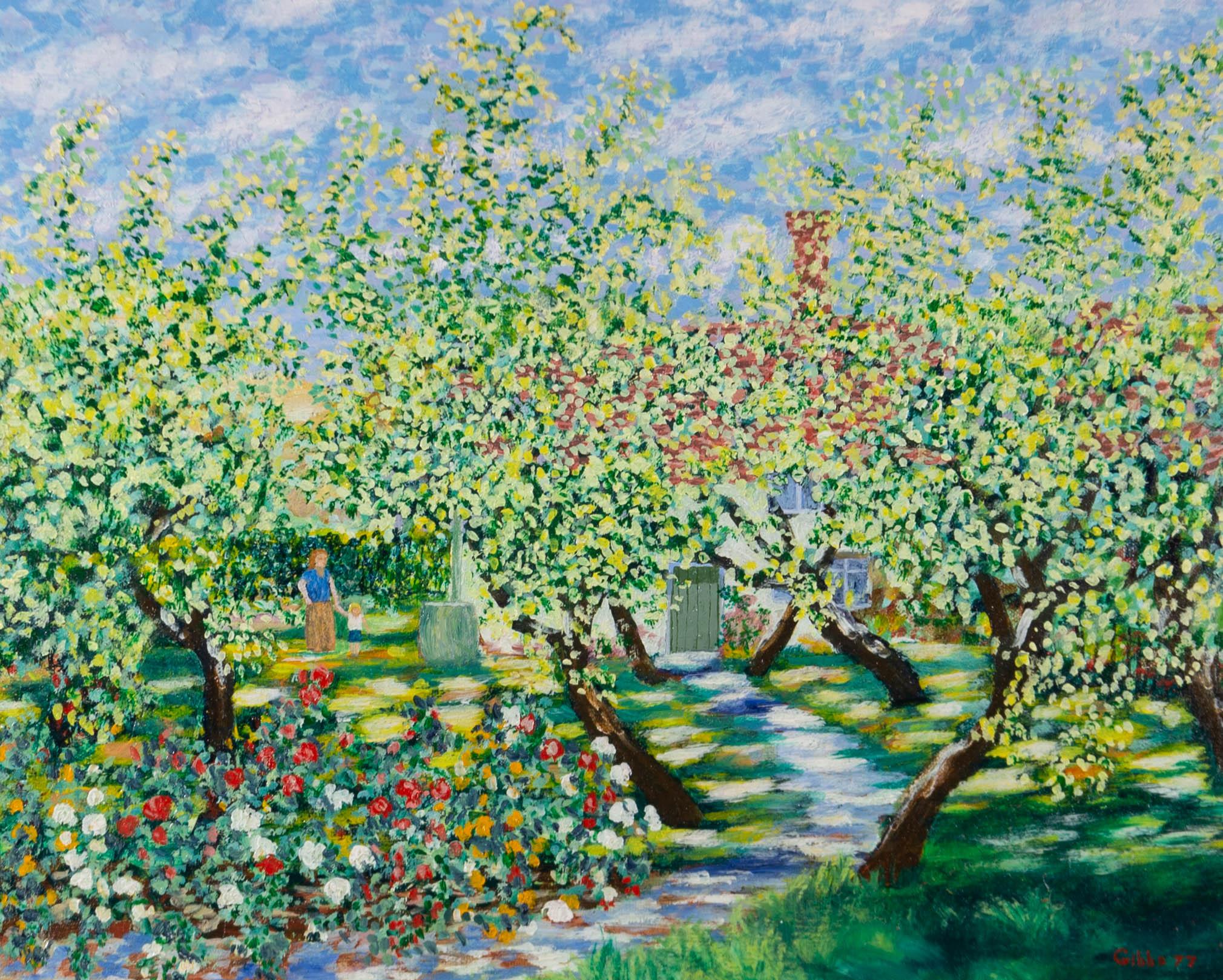 A view along the path in a flowering garden. Presented in a black painted wooden frame. Signed and dated to the lower-right edge. On canvas on stretchers.

