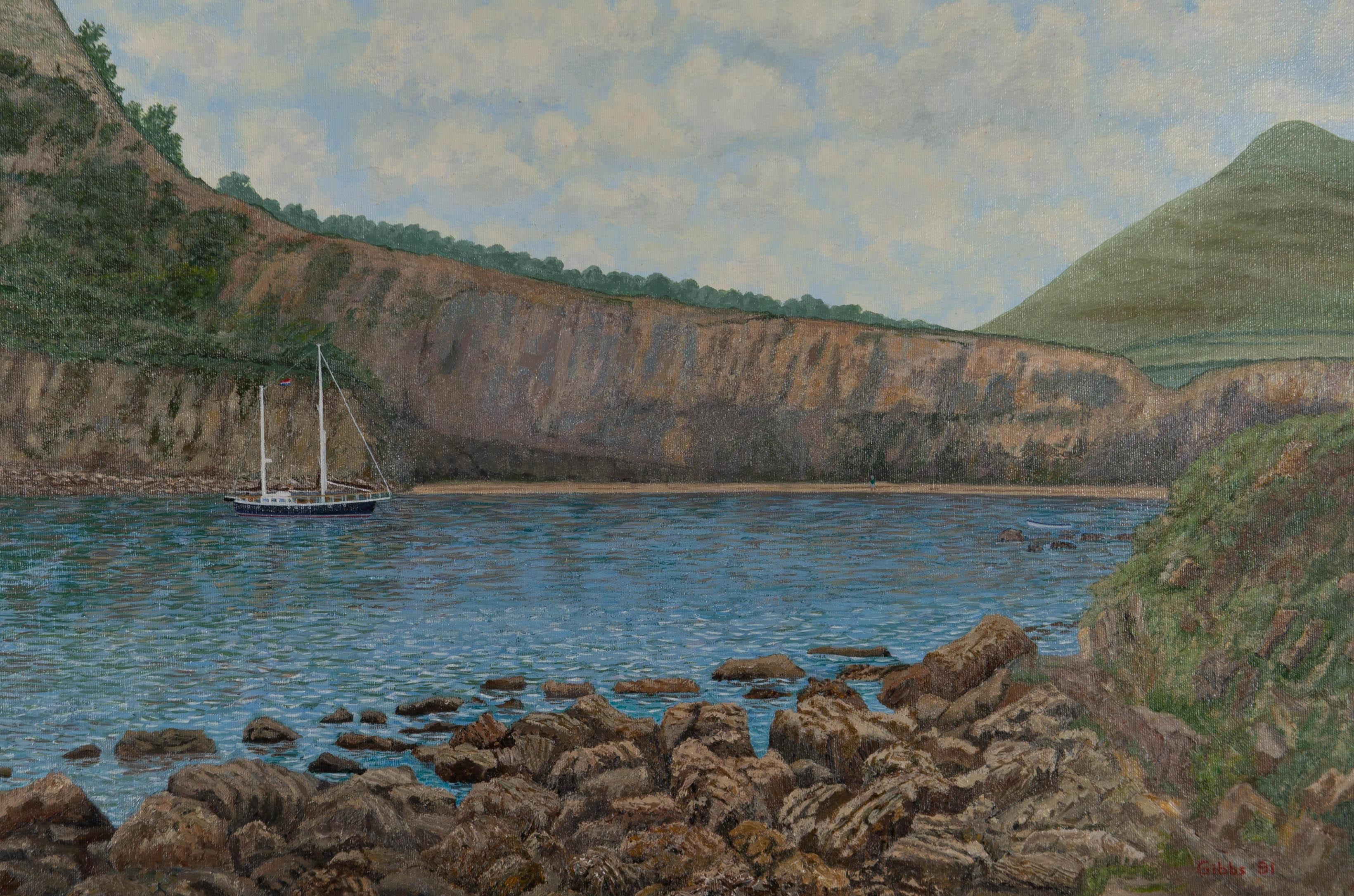 Gerry B. Gibbs - 1991 Oil, Yacht in a Cove For Sale 1