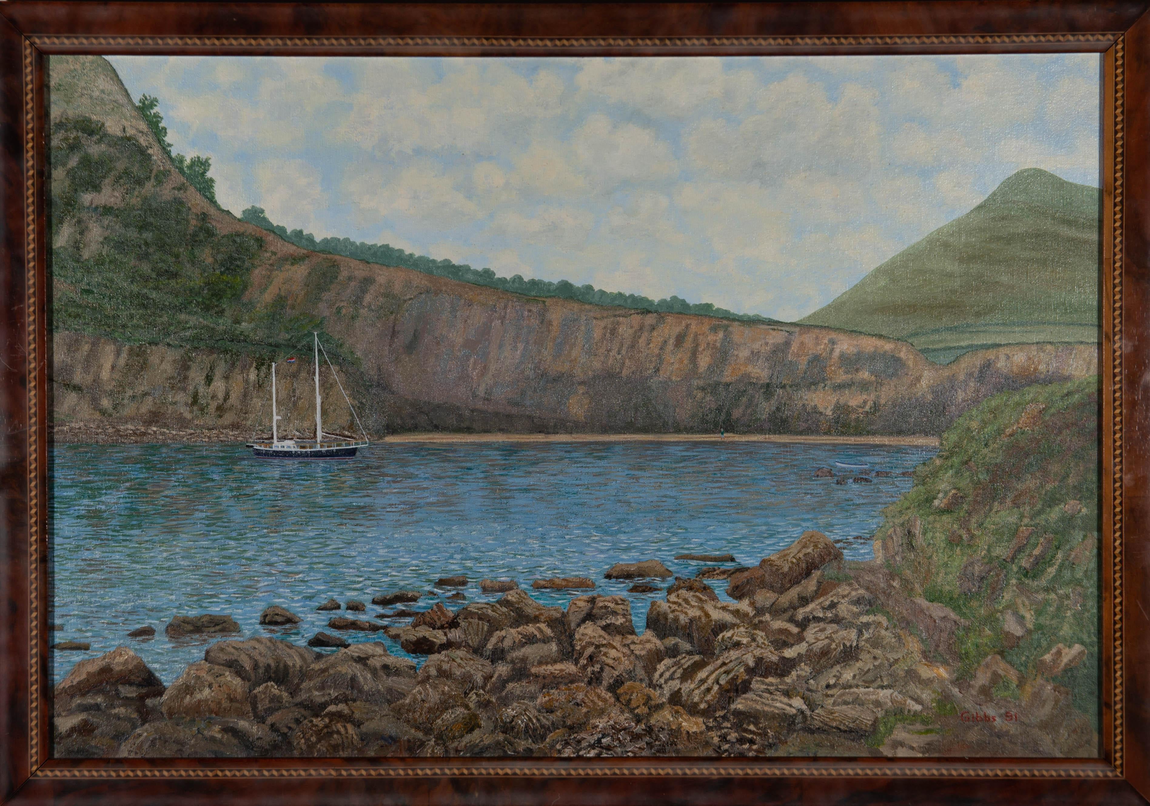 A coastal scene depicting a yacht sailing in a quiet cove. Presented in a wooden frame with a detailed inner window. Signed and dated to the lower-right edge. On canvas board.

