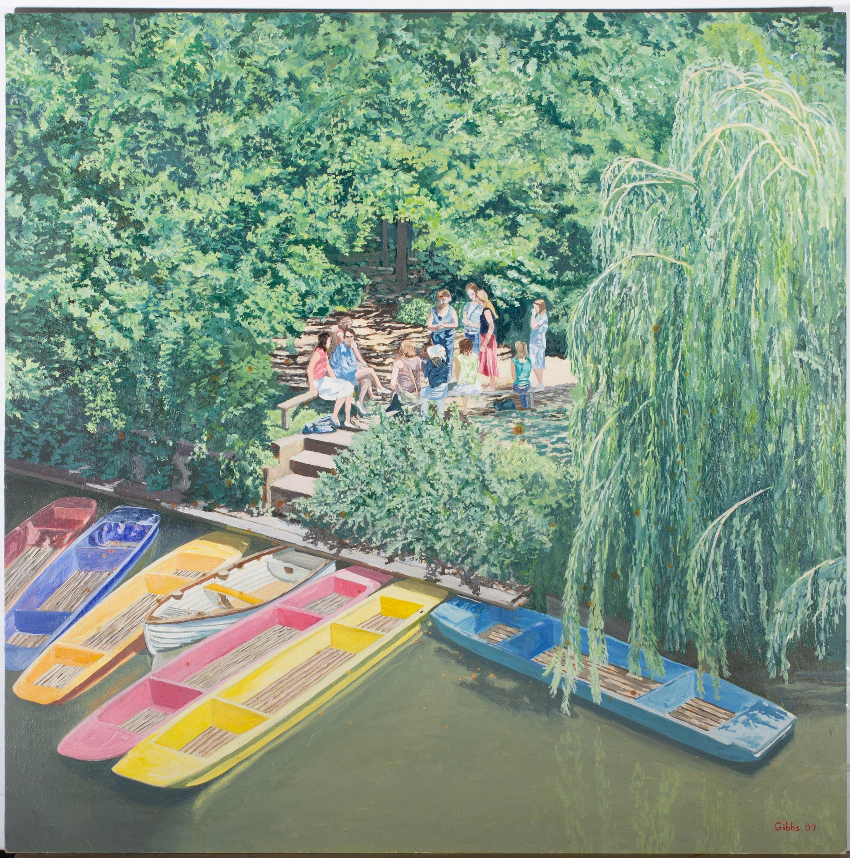 A delightful oil painting of a group of ladies meeting by colourful river punts on a sunny day. The artist has captured this scene is fine detail with a great use of light and composition. Signed to the lower right. On board .

