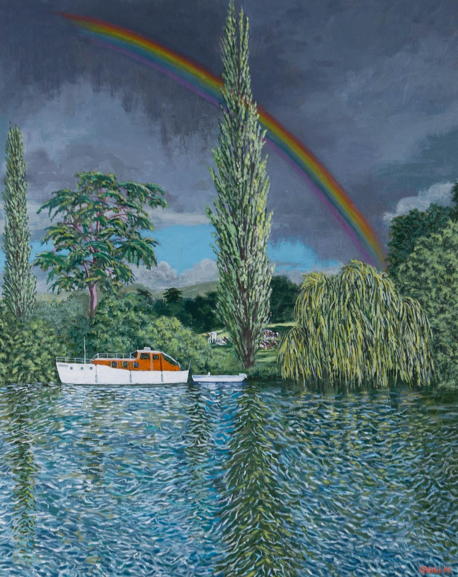 A landscape depicting a rainbow over a river with a moored boat on the water. Presented in a distressed gilt-effect wooden frame. Signed and dated to the lower-right edge. On board.
