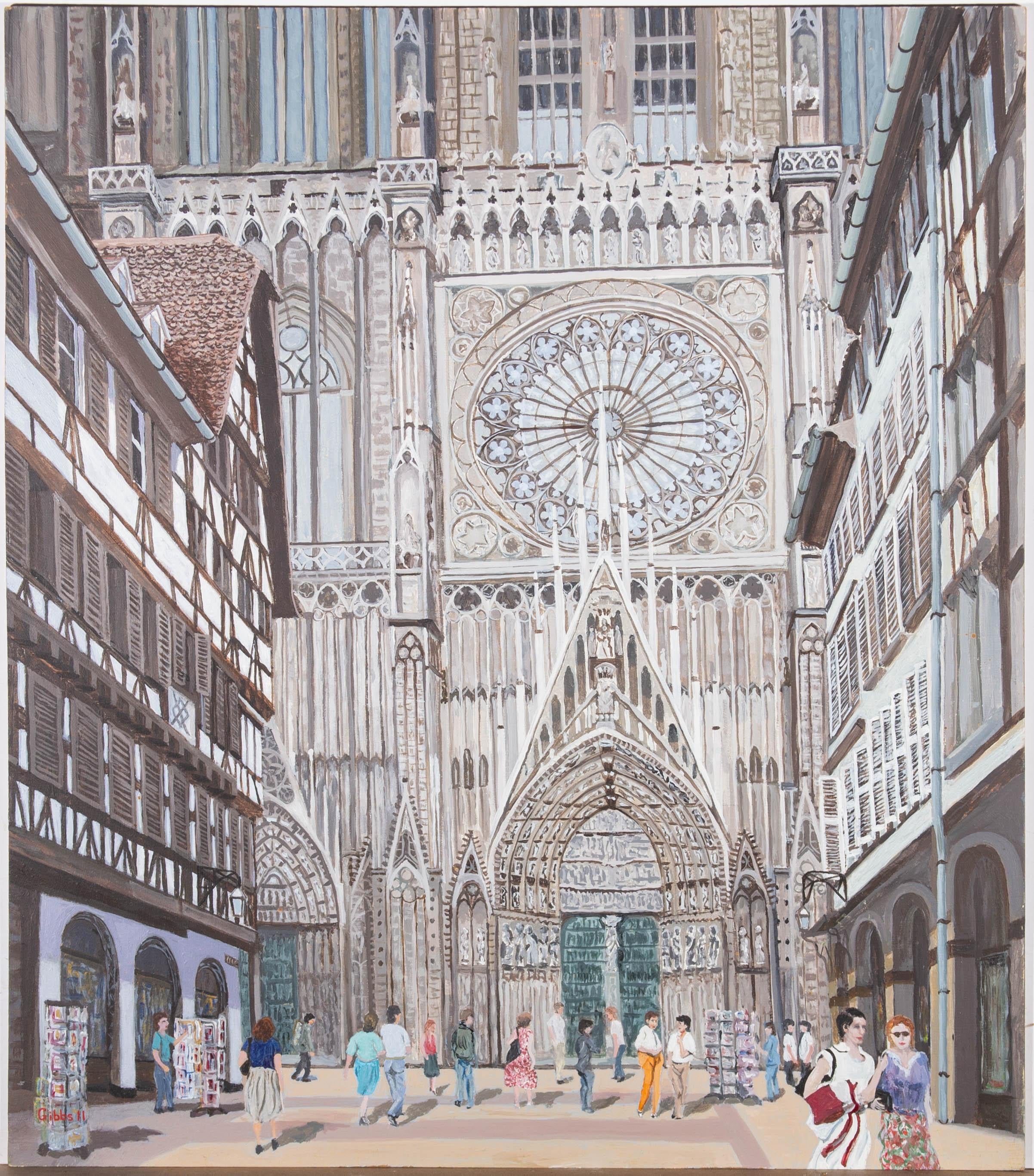 A detailed depiction of Strasbourg Cathedral in France. Figures make their way past the cathedral's extravagant architecture and famous rose window. Signed and dated to the lower left. On board.
