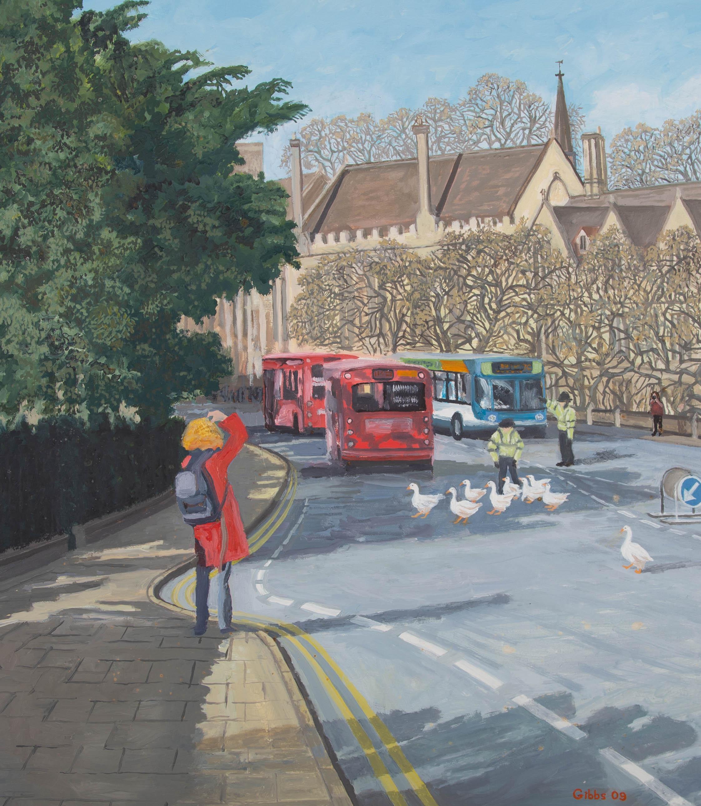 A charming oil of a street scene with a lady in red watching in disbelief as two community officers stop traffic to help the flock of geese safely cross the road. The artist has signed and dated to the lower right. On the reverse the artist has