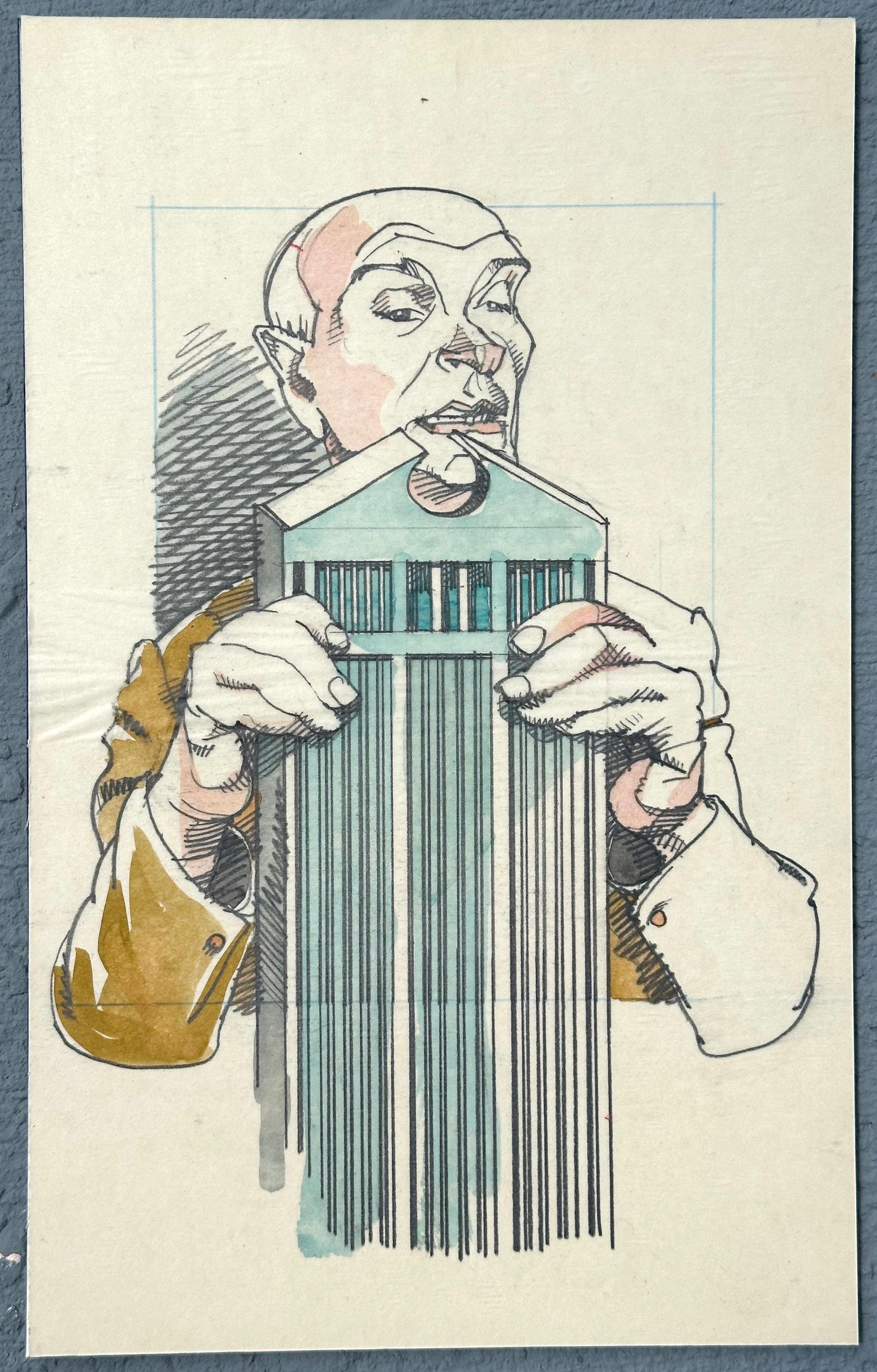 Gerry Gersten Figurative Painting - Philip Johnson AT&T Building Magazine Illustration Painting