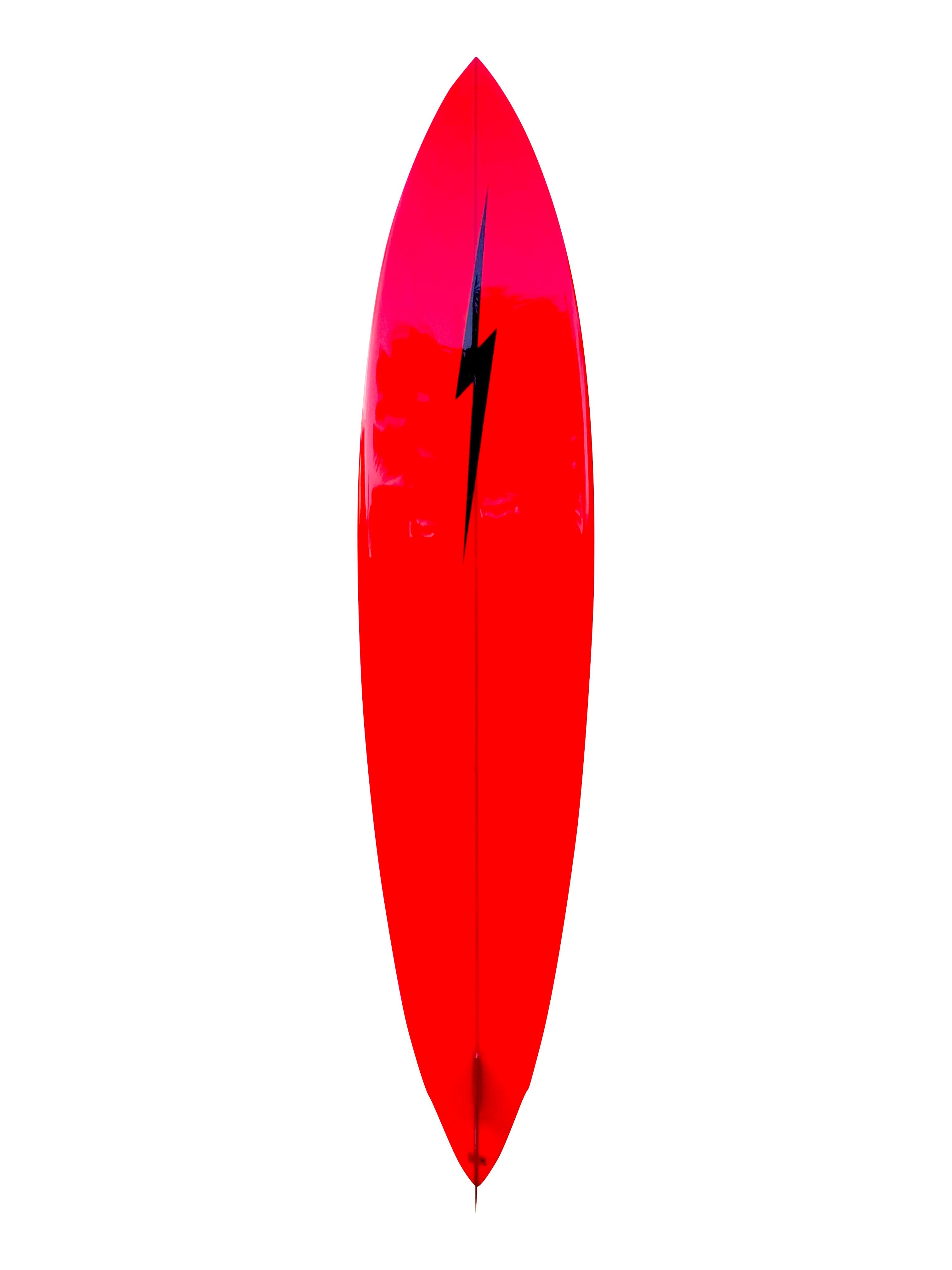 Gerry Lopez shaped Lightning Bolt “Big Wednesday” surfboard. A tribute to the 1978 film “Big Wednesday” featuring Gerry Lopez. Pipeliner shape design with red and orange tints. Shaped by Gerry Lopez aka “Mr. Pipeline”, renowned surfer, board