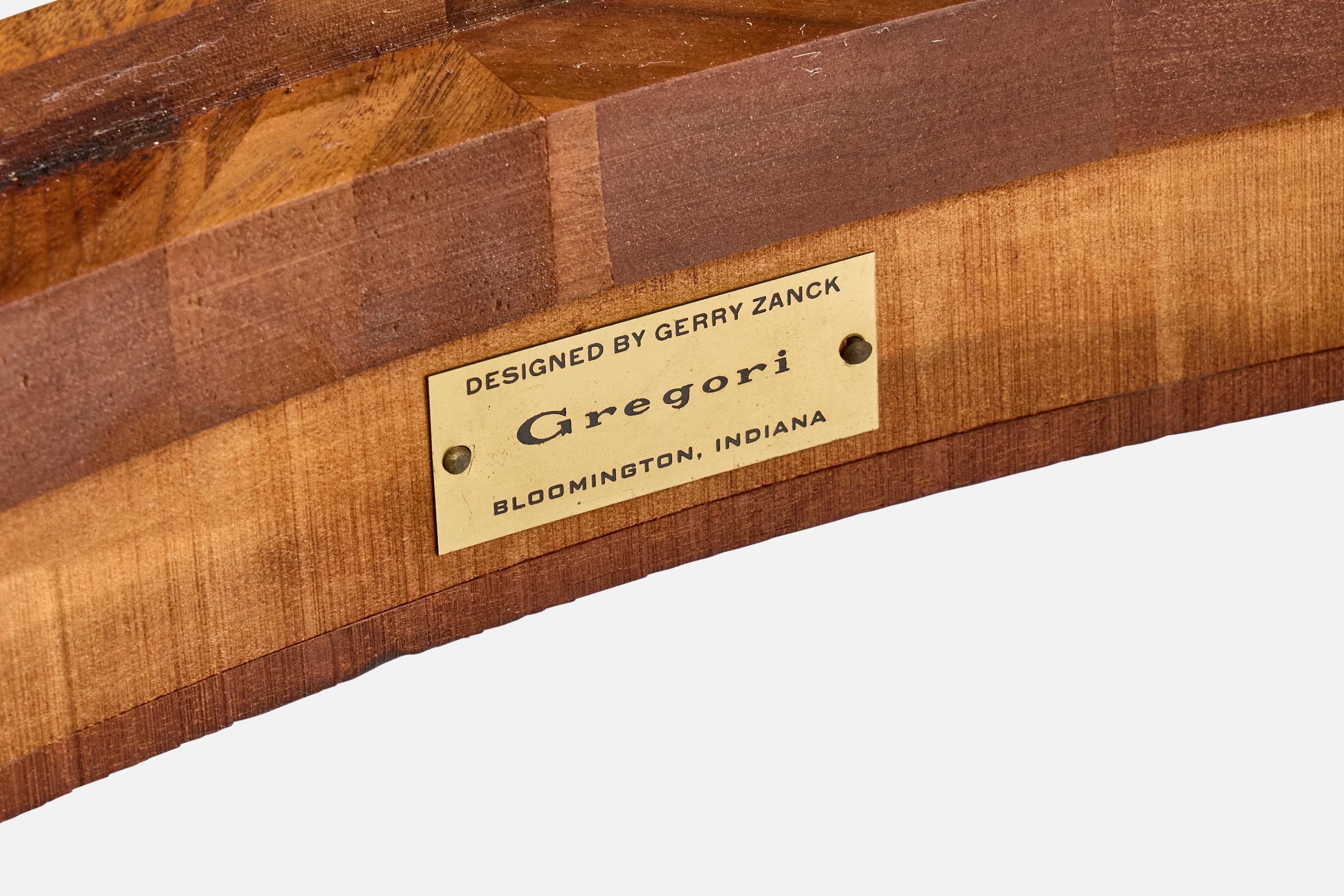 Mid-Century Modern Gerry Zanck, table basse, noyer, travertin, canne, laiton, États-Unis, années 1950 en vente