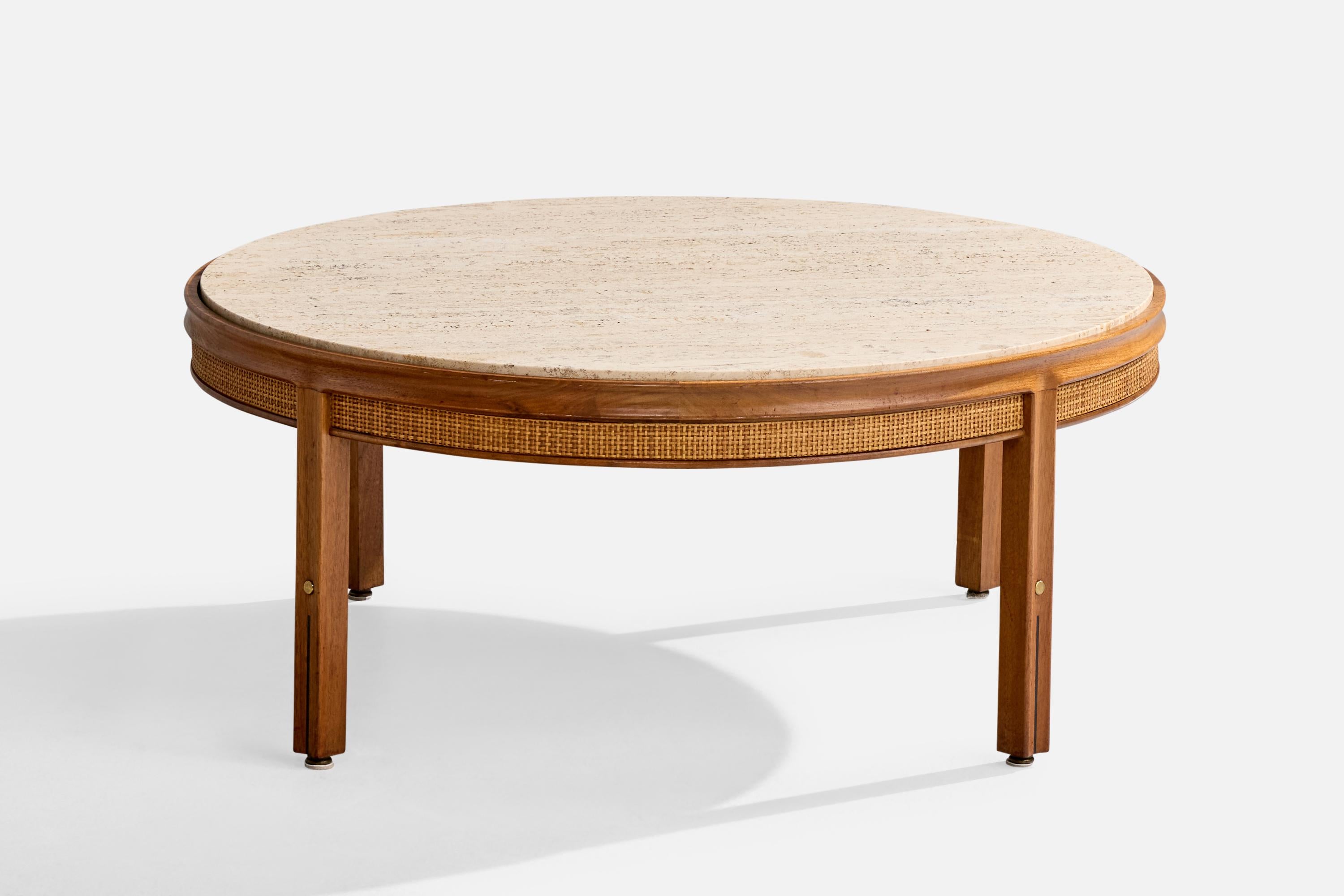 Américain Gerry Zanck, table basse, noyer, travertin, canne, laiton, États-Unis, années 1950 en vente