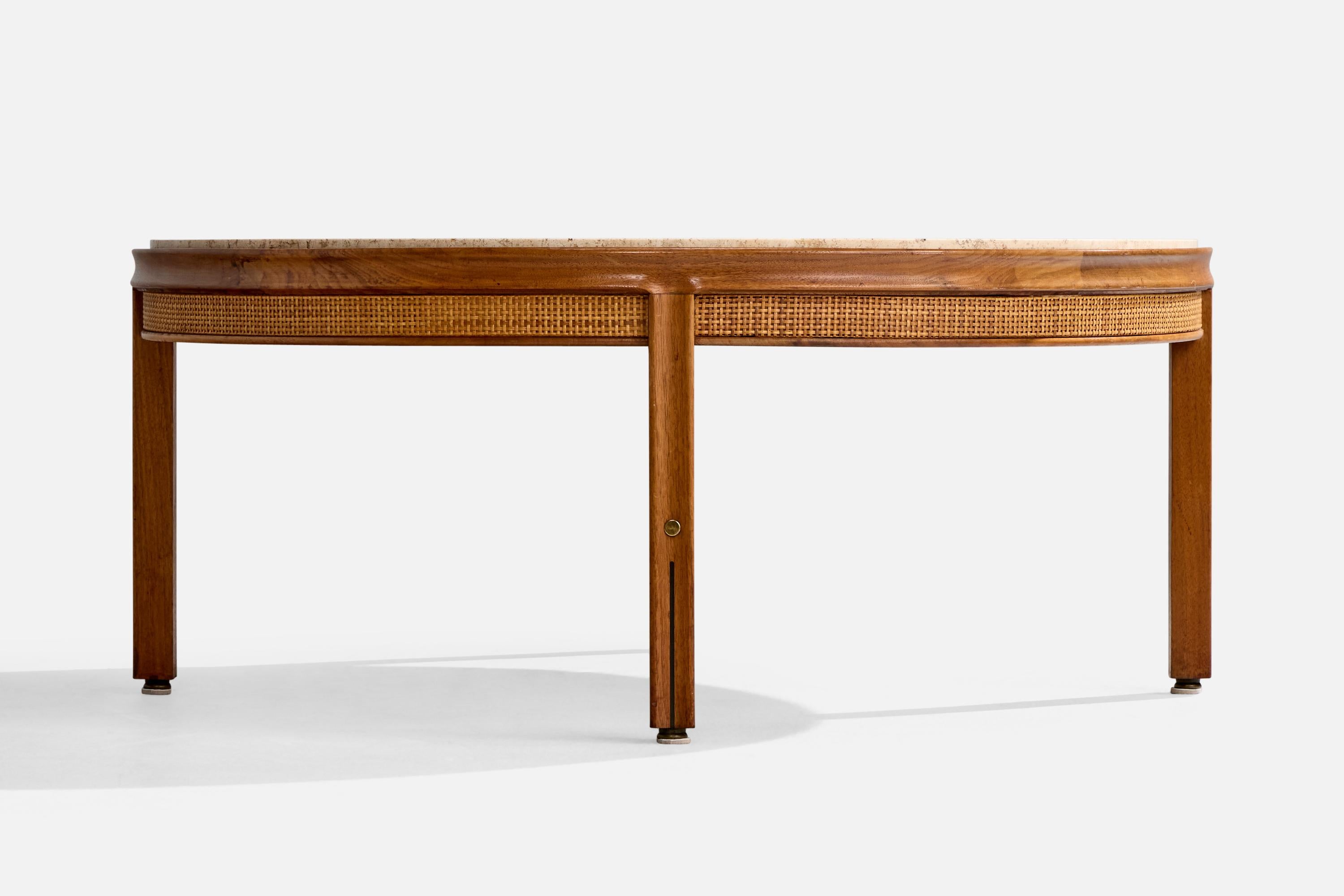 Gerry Zanck, table basse, noyer, travertin, canne, laiton, États-Unis, années 1950 Bon état - En vente à High Point, NC