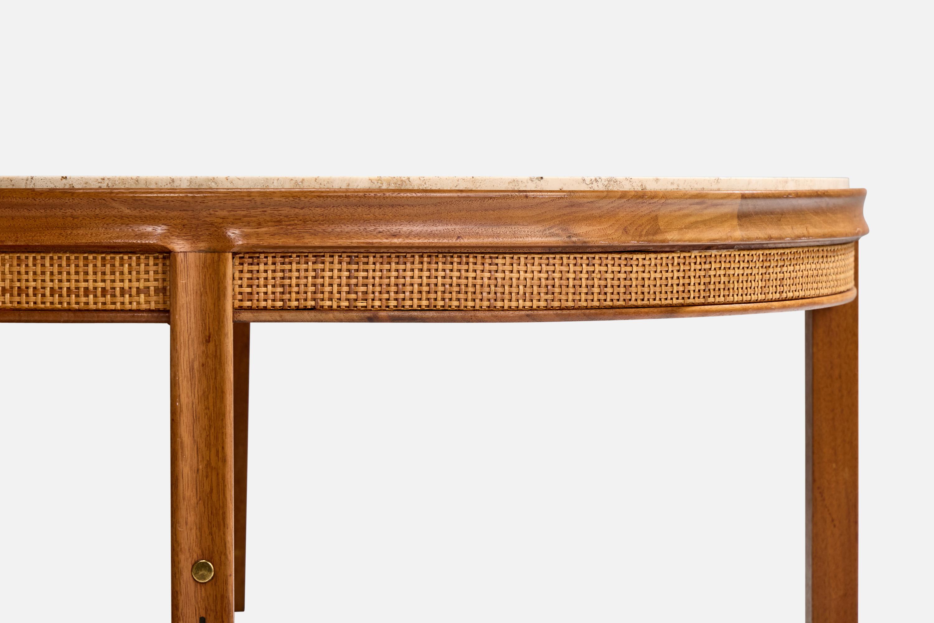 Milieu du XXe siècle Gerry Zanck, table basse, noyer, travertin, canne, laiton, États-Unis, années 1950 en vente