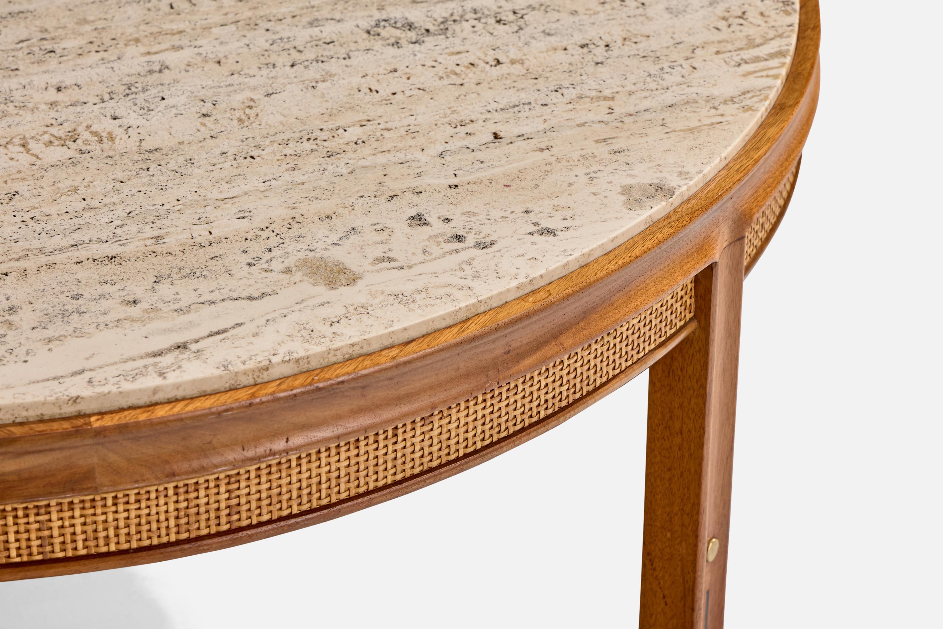 Laiton Gerry Zanck, table basse, noyer, travertin, canne, laiton, États-Unis, années 1950 en vente