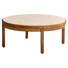 Gerry Zanck, table basse, noyer, travertin, canne, laiton, États-Unis, années 1950