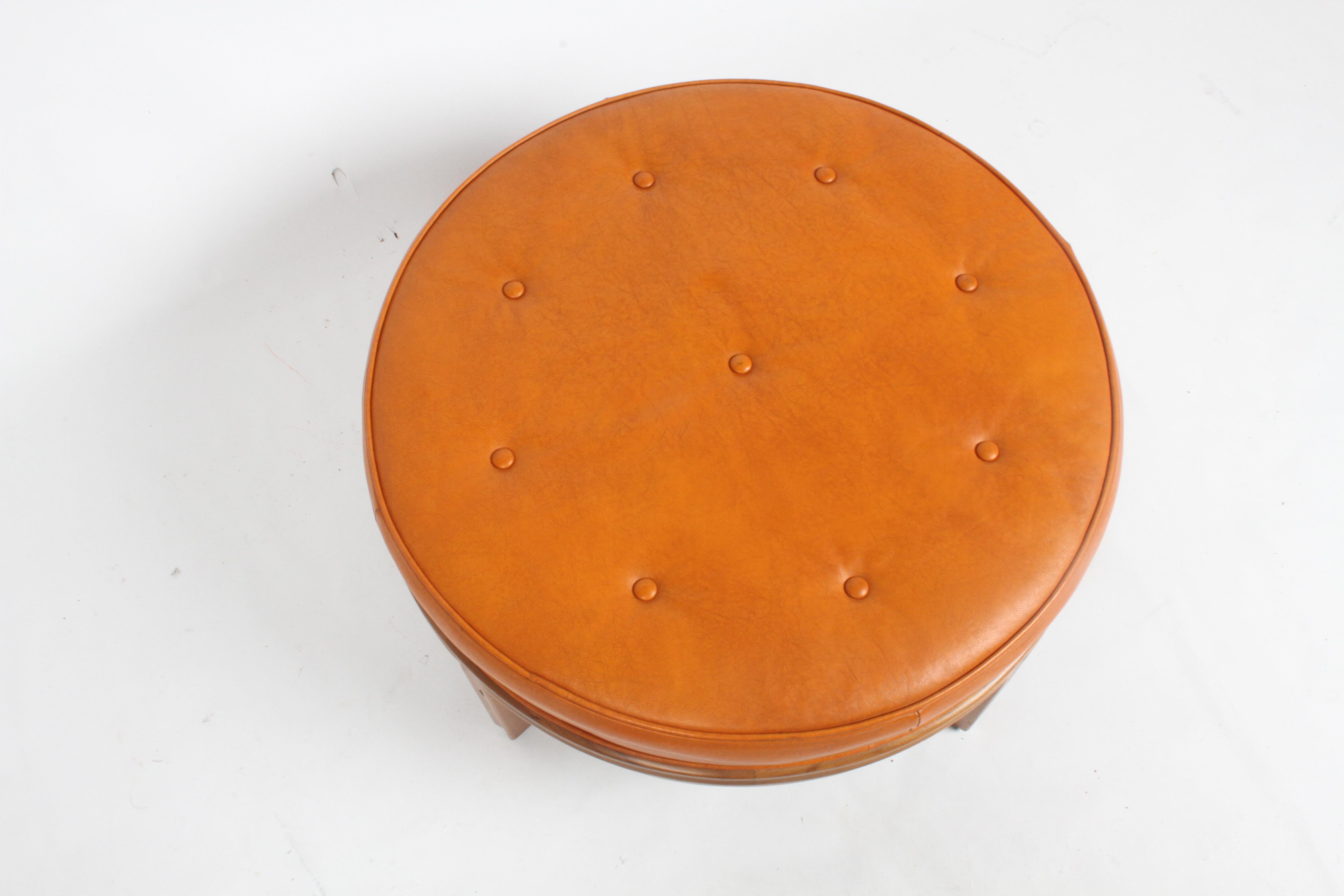 Gerry Zanck for Gregori, Round Orange Leather Pouf or Ottoman on Walnut base  2