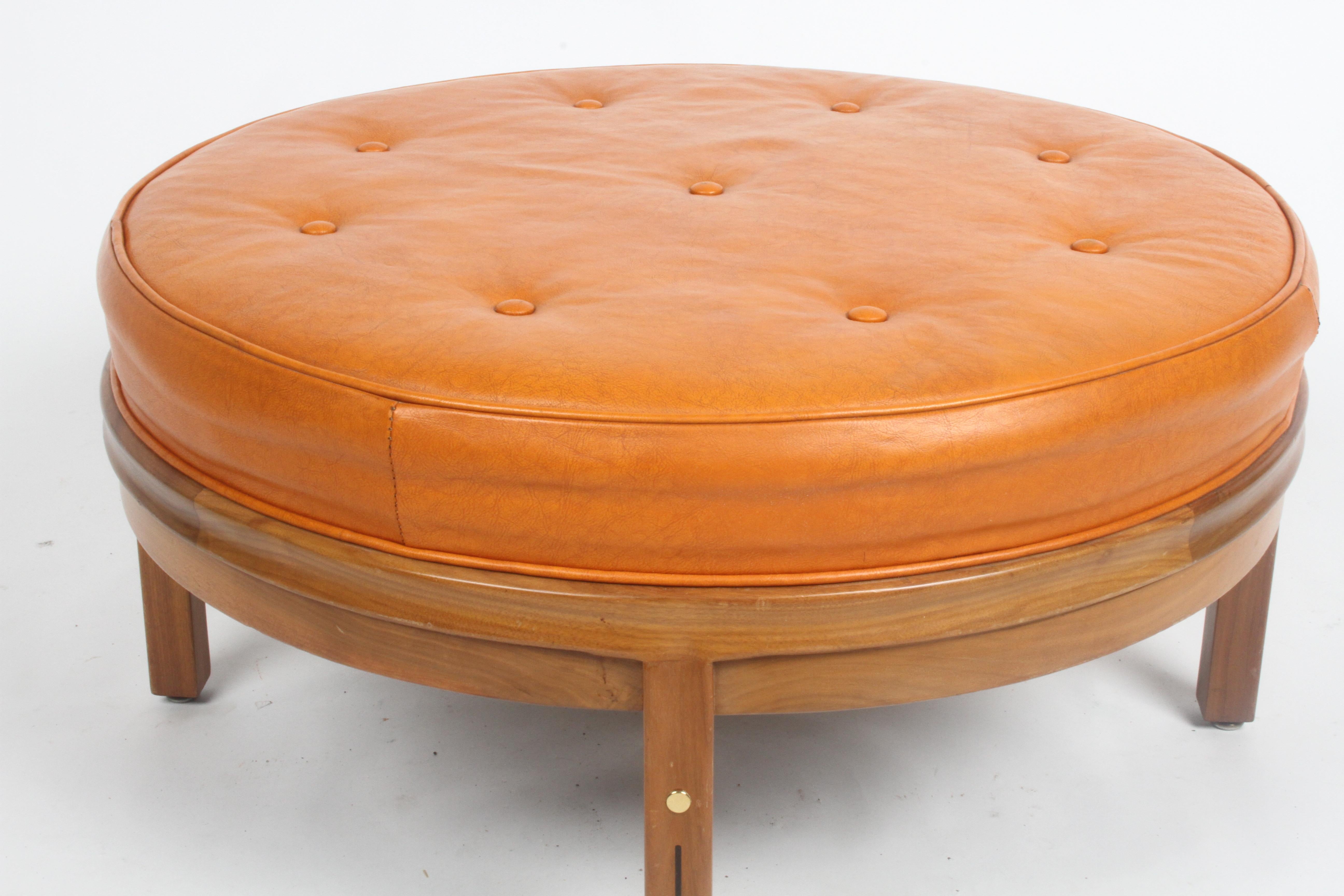 Gerry Zanck for Gregori, Round Orange Leather Pouf or Ottoman on Walnut base  In Good Condition In St. Louis, MO
