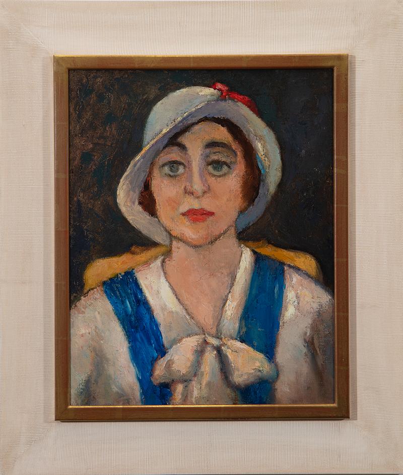 Portrait Painting Gershon Benjamin - "Dame au chapeau de lin blanc