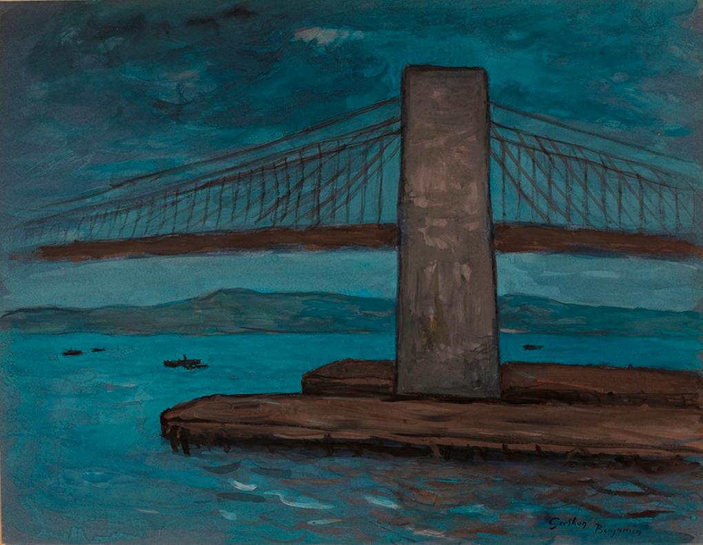 Gershon Benjamin Abstract Painting – ""Mondlicht an der Brooklyn Bridge" 