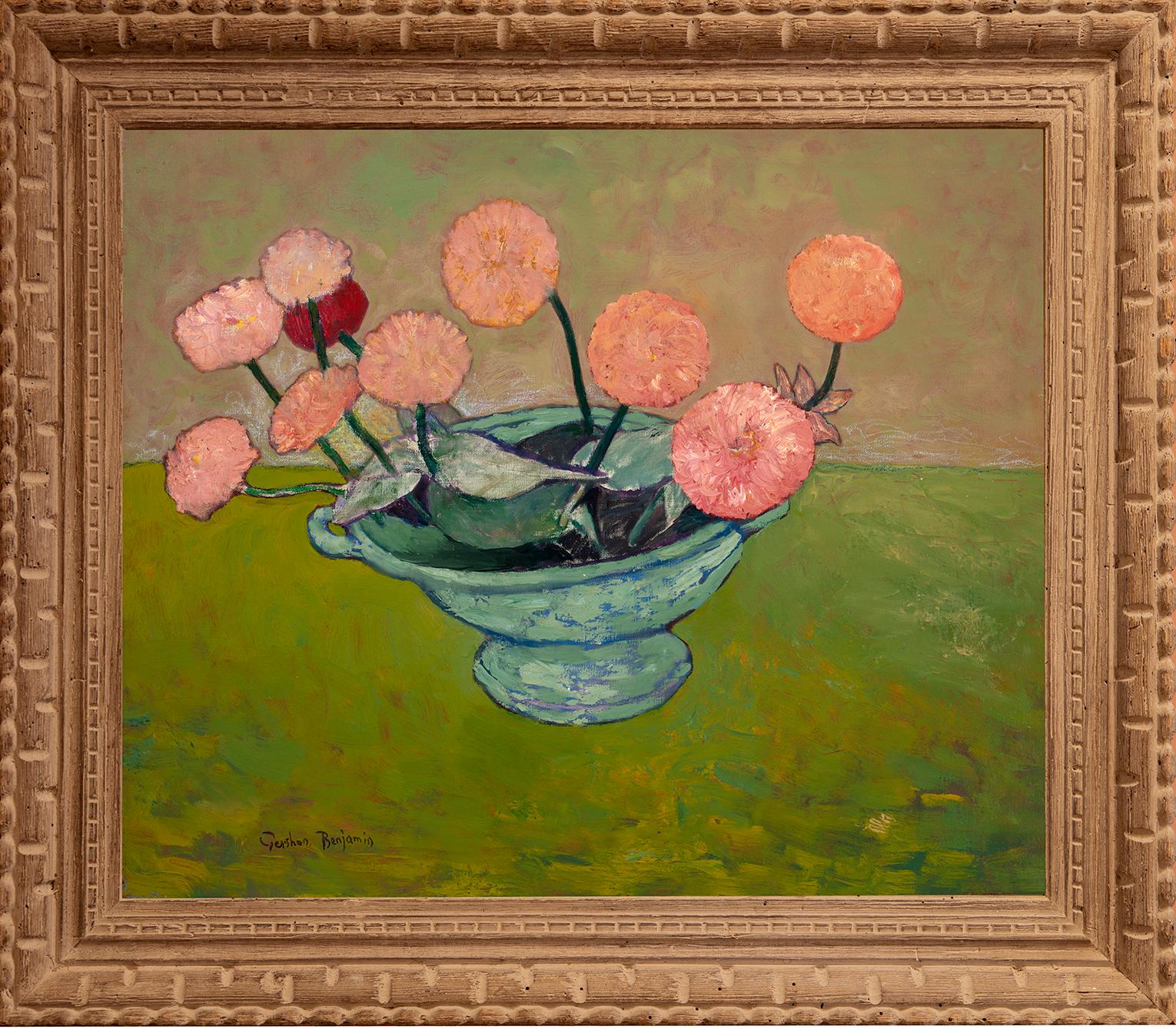 Gershon Benjamin Still-Life Painting - "Pink Zinnias in a Bowl"