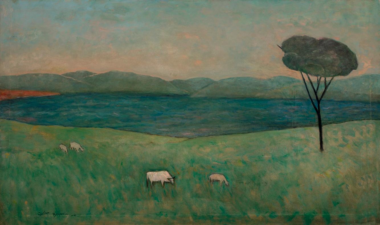 Gershon Benjamin Landscape Painting - "Sheep in Meadow"
